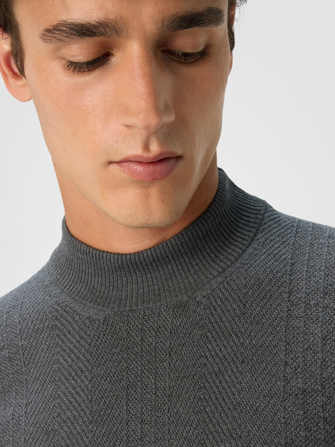 High-Neck Sweater with Tone-on-Tone Chevron Pattern - 5