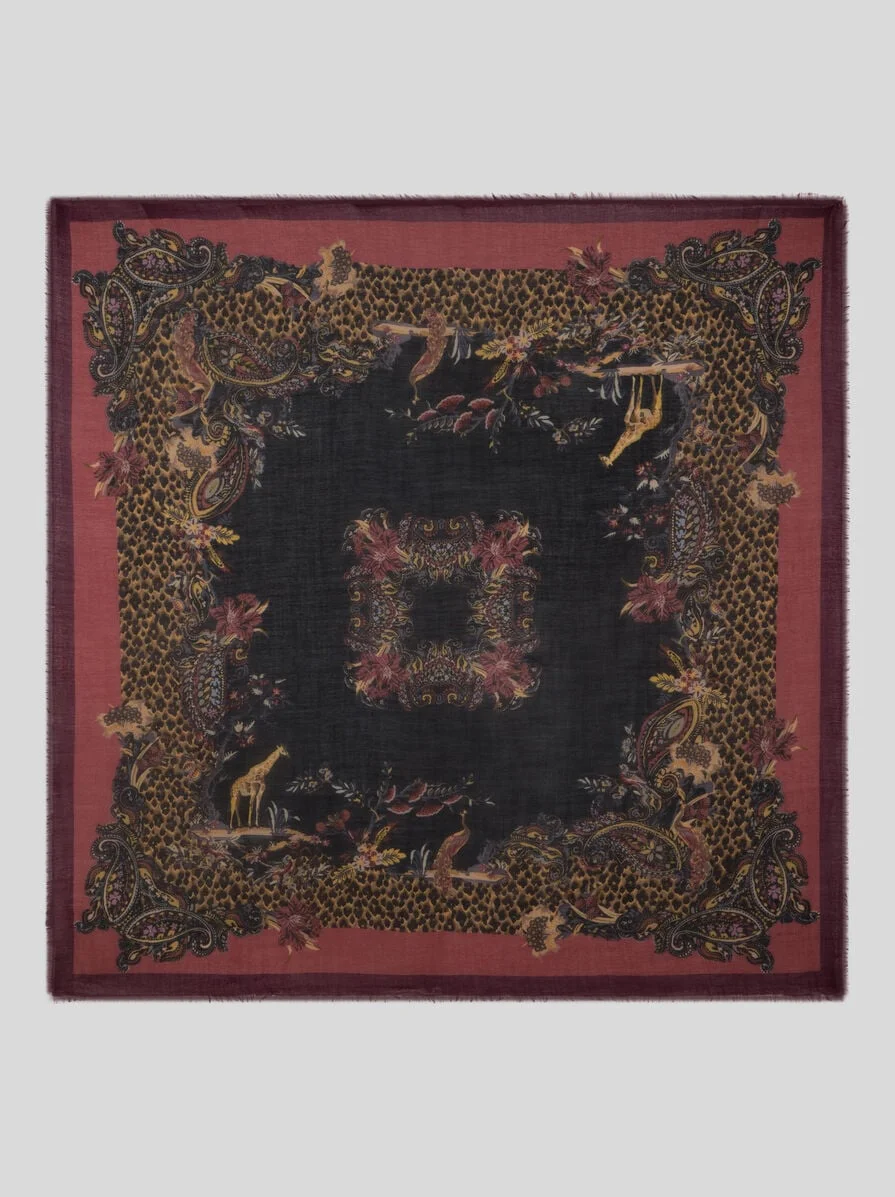 WOOL, CASHMERE AND SILK SHAWL WITH ANIMAL AND PAISLEY MOTIF - 1