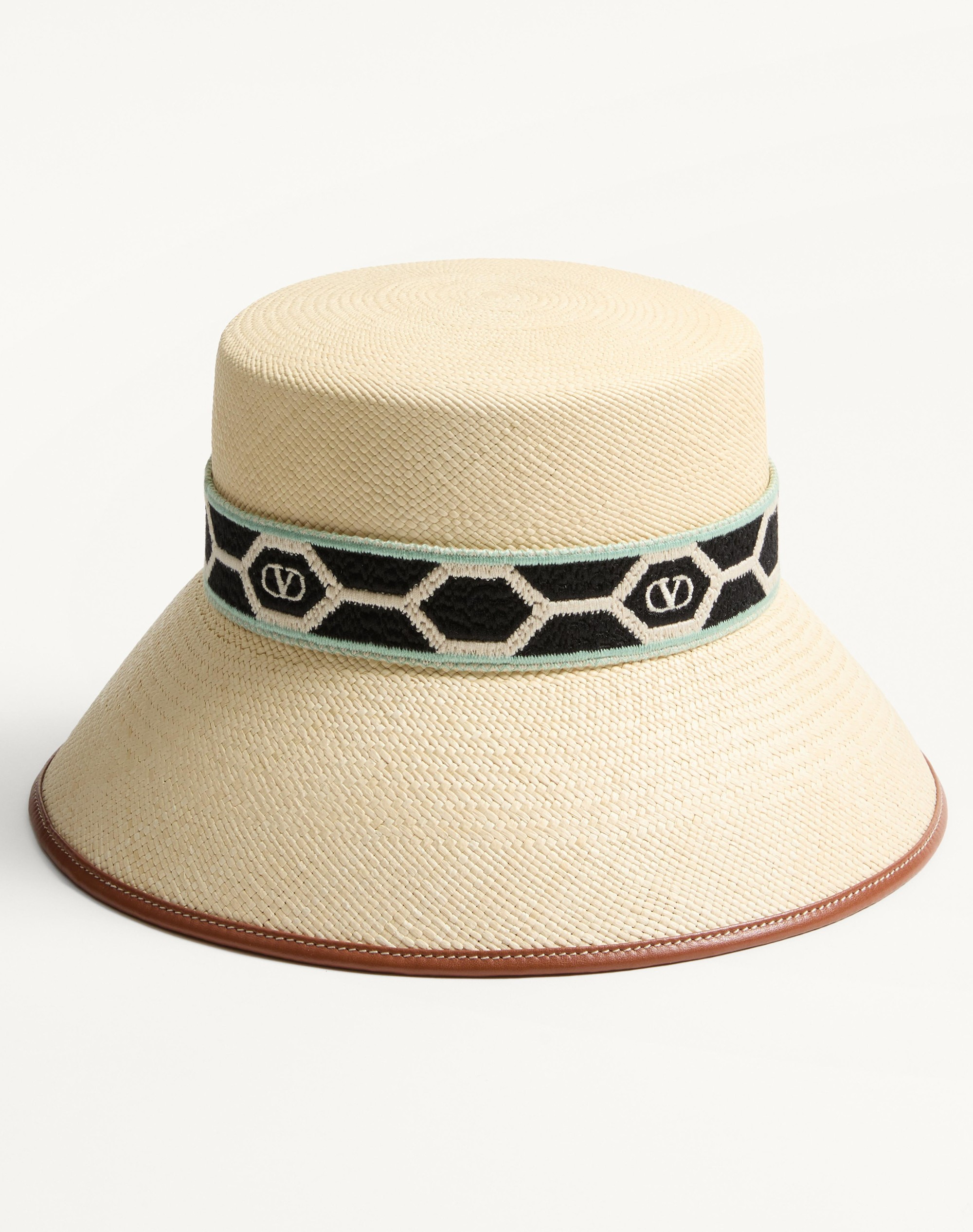 ANTIBES STRAW BUCKET HAT WITH LEATHER TRIM AND DIAMOND PATTERN RIBBON - 4