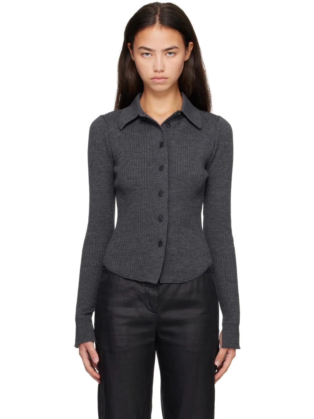 Gray Knitted Rib Cardigan - 1