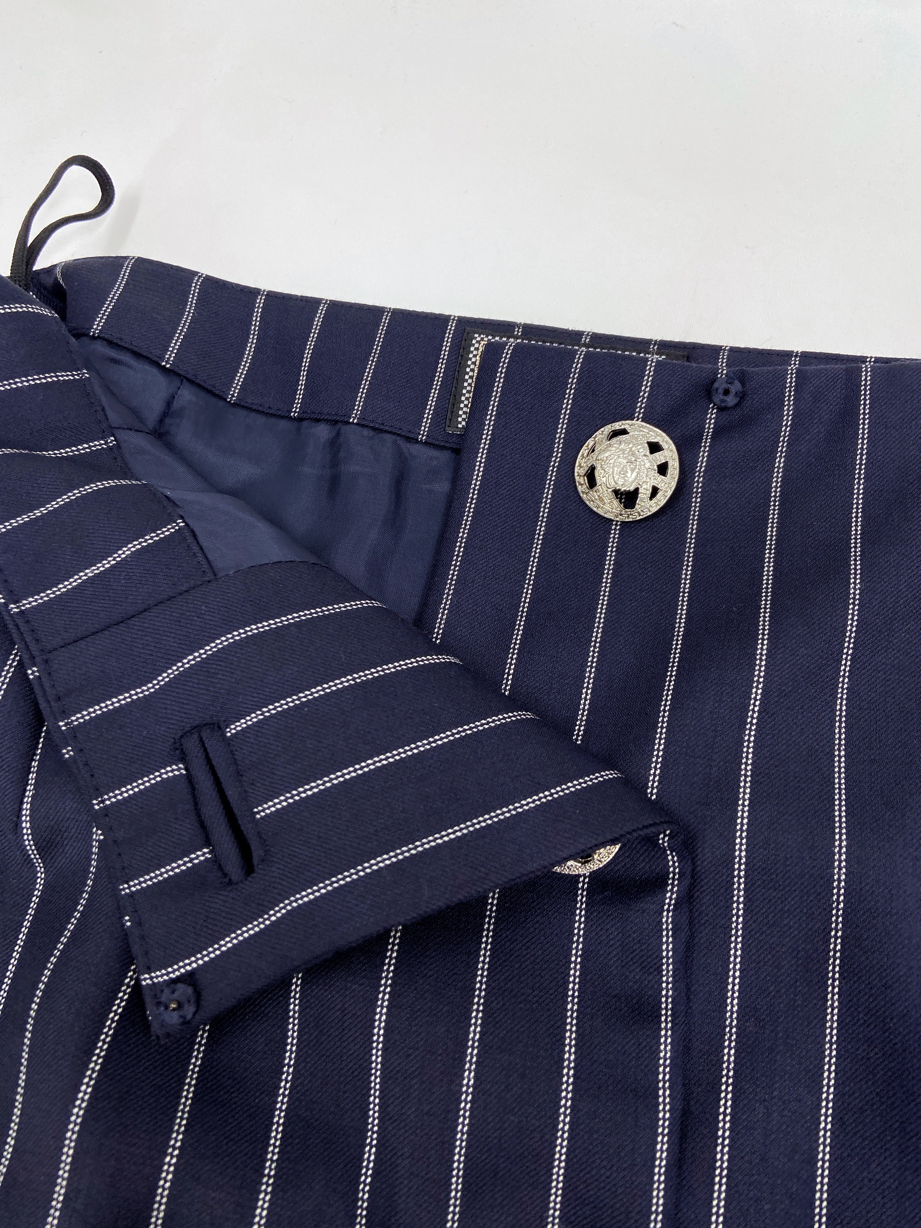 Gianni Versace Spring 1995 Navy Double Pinstriped Wrap Skirt Suit 42 - 17