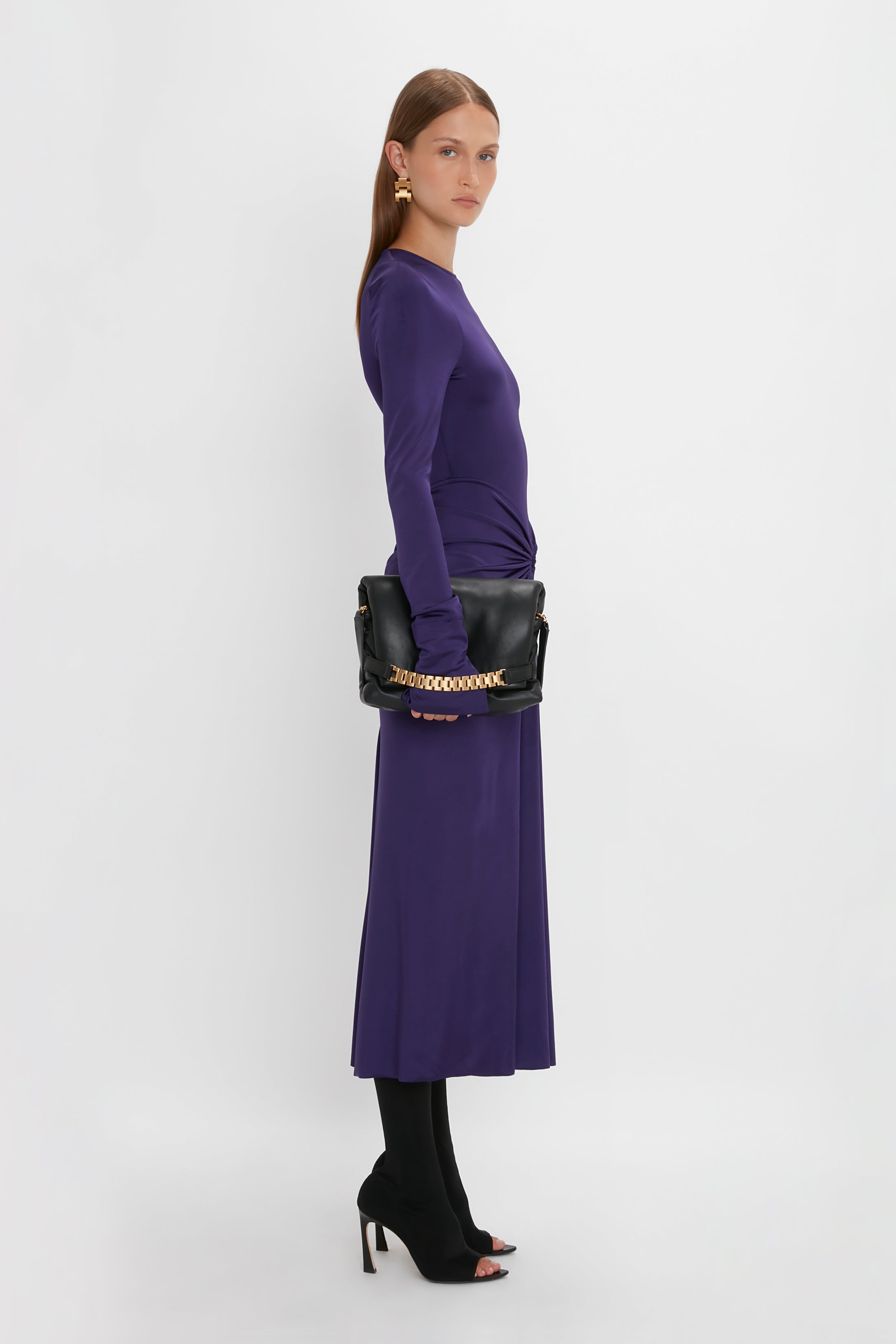 Long Sleeve Gathered Midi Dress In Ultraviolet - 7