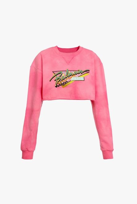 Cropped pink cotton sweatshirt with embroidered Balmain logo - 1