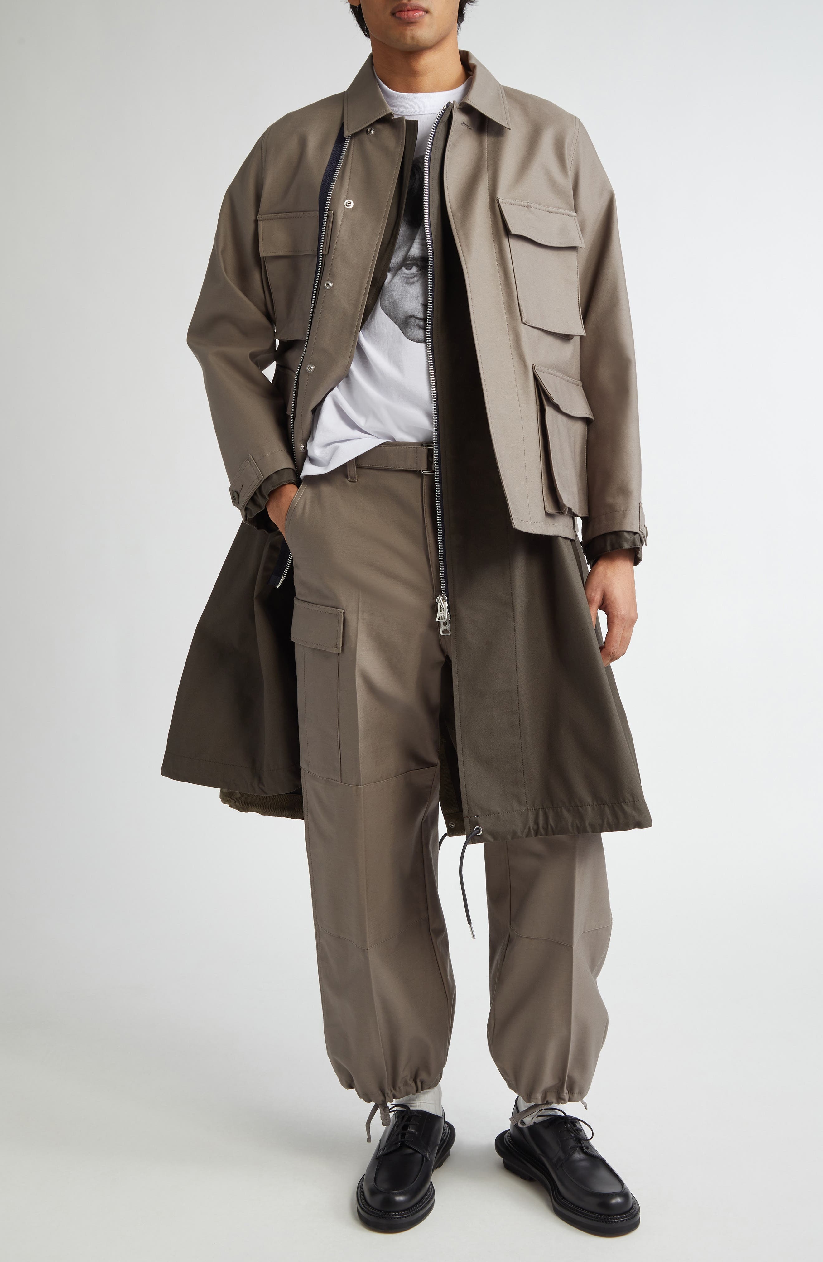 Sacai x WTAPS® Layered Mixed Media Coat in Taupe/Dark Khaki at Nordstrom - 2