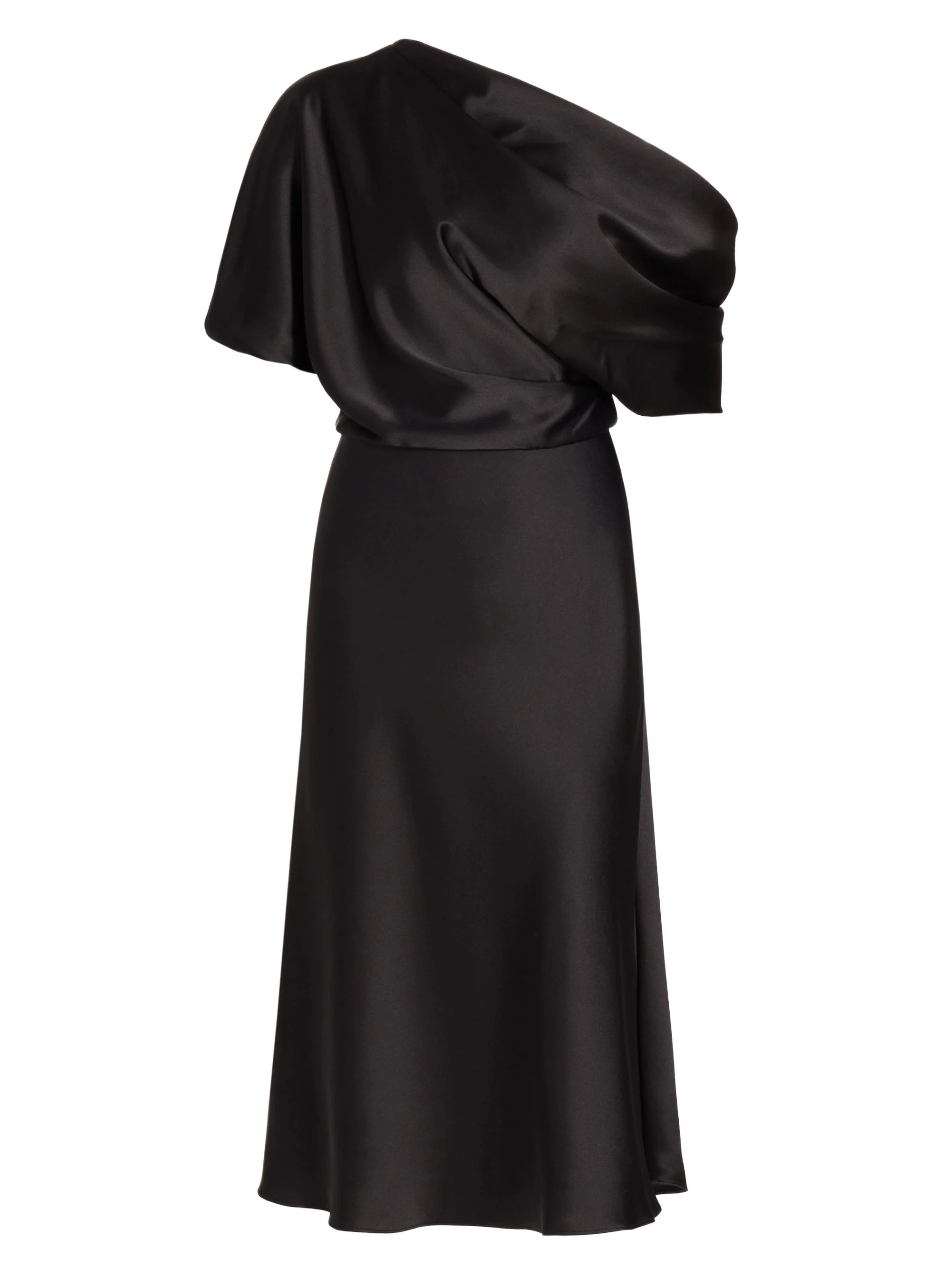 Women's Draped Satin One-Shoulder Midi-Dress - Black - 1