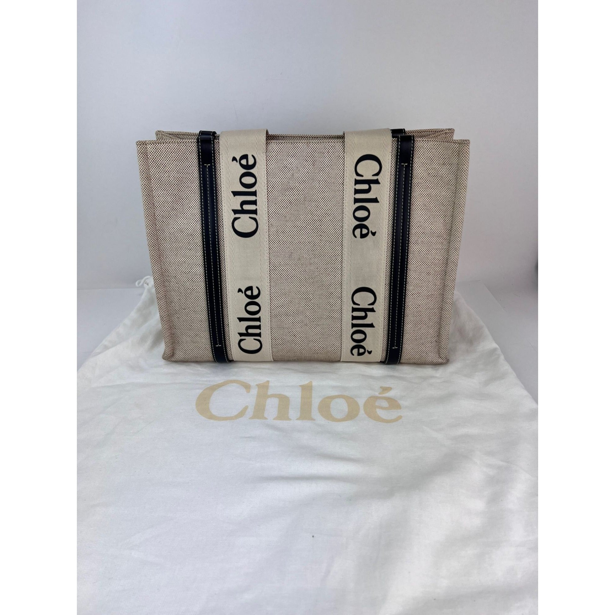 Chloe Woody Ribbon Medium Cotton Calfskin Beige Tote Bag - 6