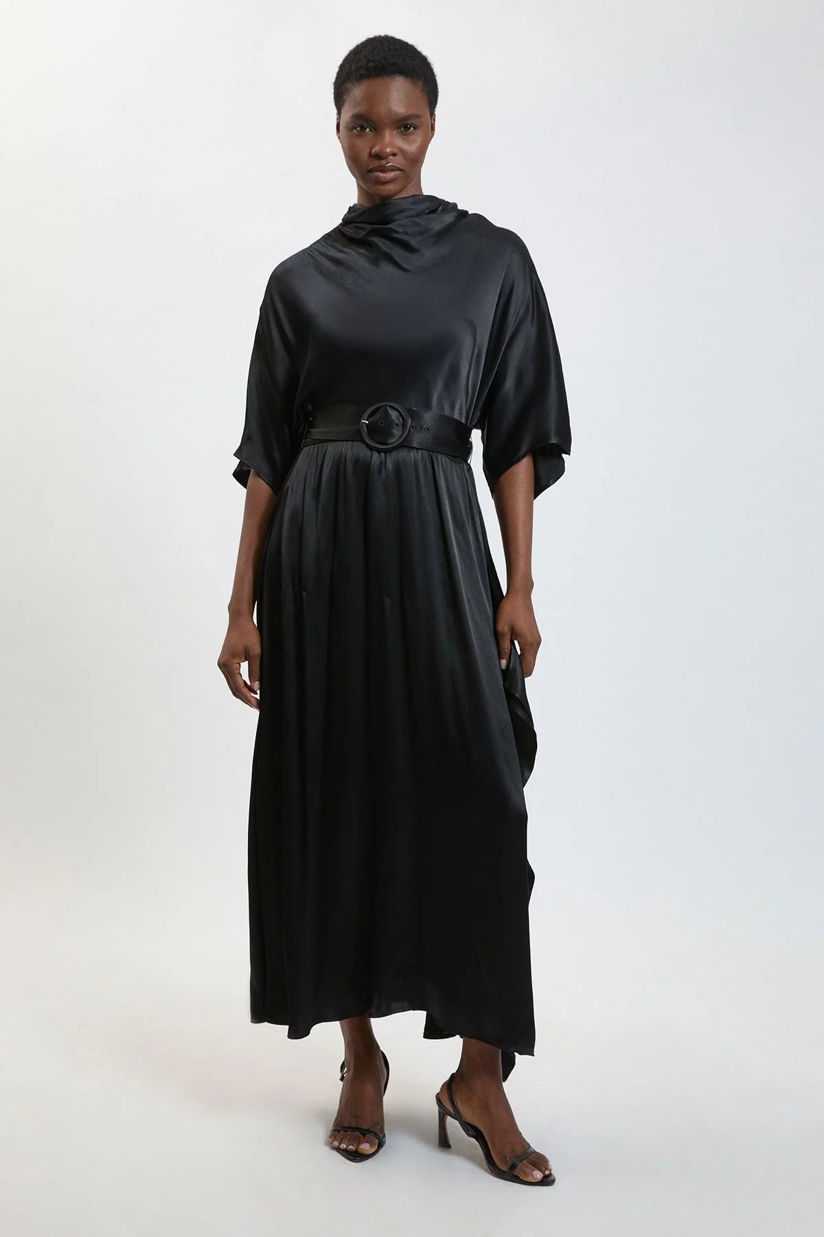 Petite Viscose Satin Asymmetric Ruffle Midi Dress - 1