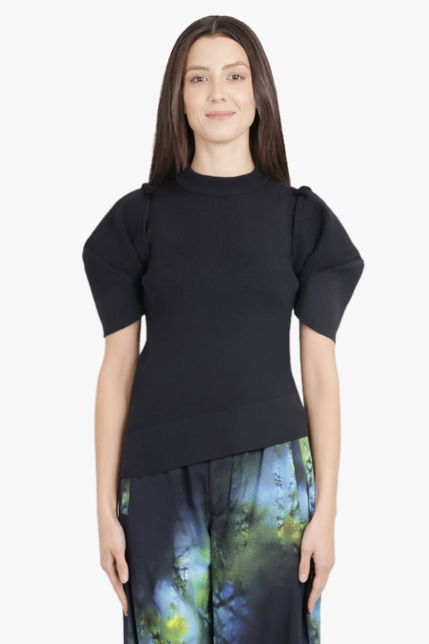STRUCTURED SHOULDER S/S ASYMMETRIC KNIT PULLOVER | BLACK - 3