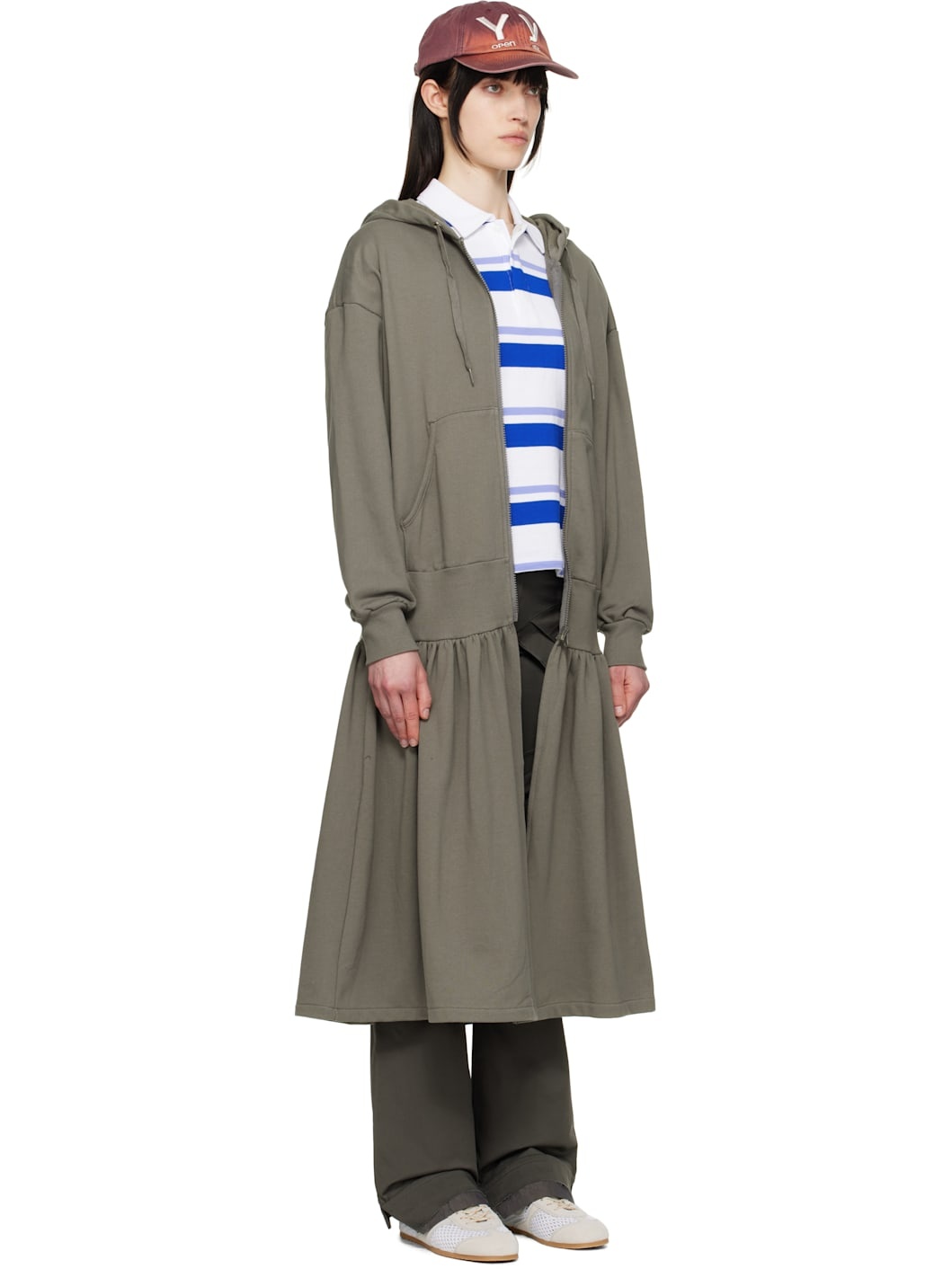Gray Jersey Shirring Hoodie Midi Dress - 2