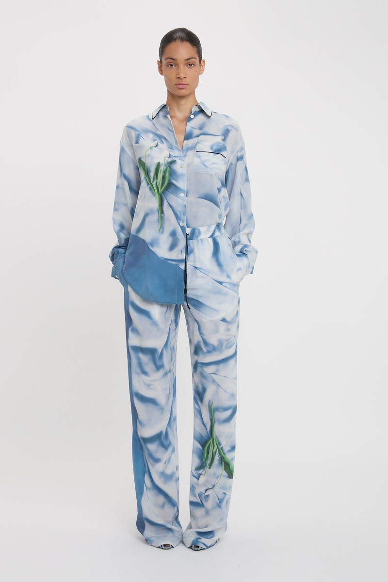 Victoria Beckham Piping Detail Pyjama Shirt In Ice Blue Satin Flowers outlook
