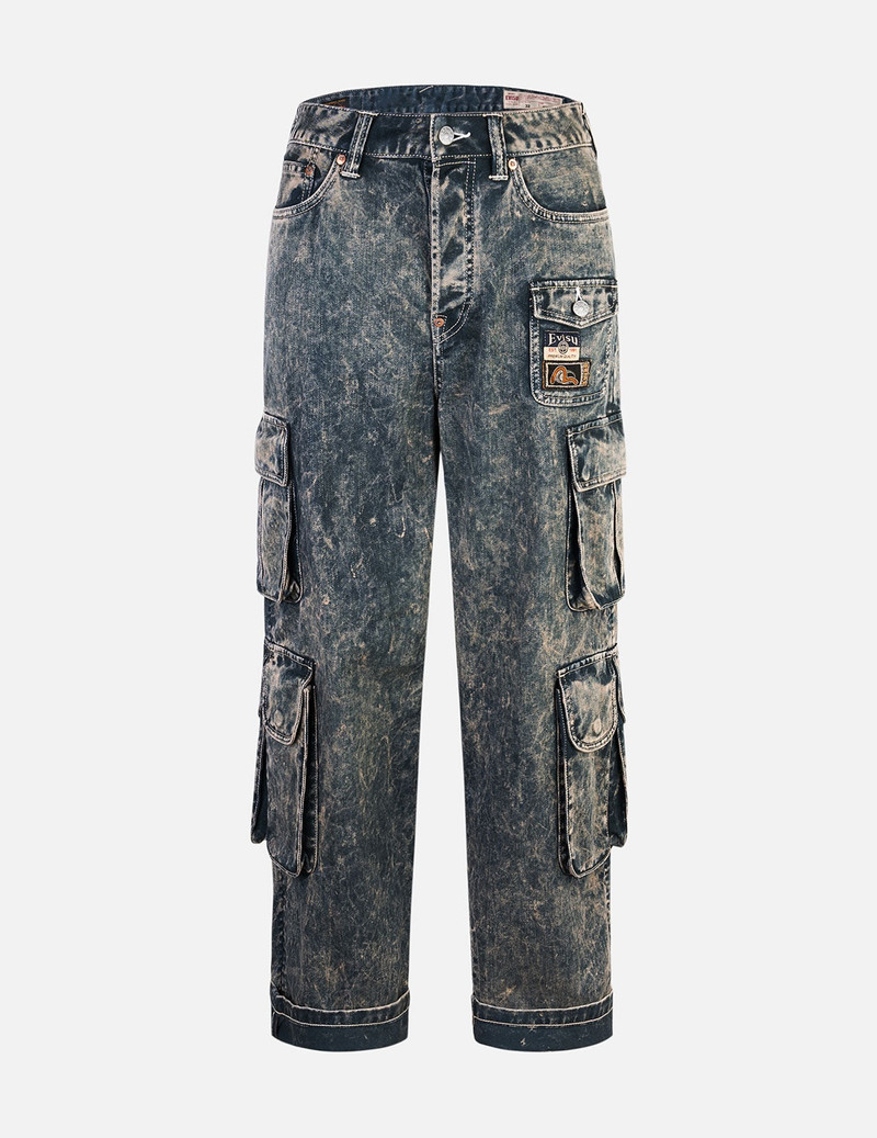 Seagull Print and Multi-Pockets Acid Wash Baggy Cargo Jeans 1