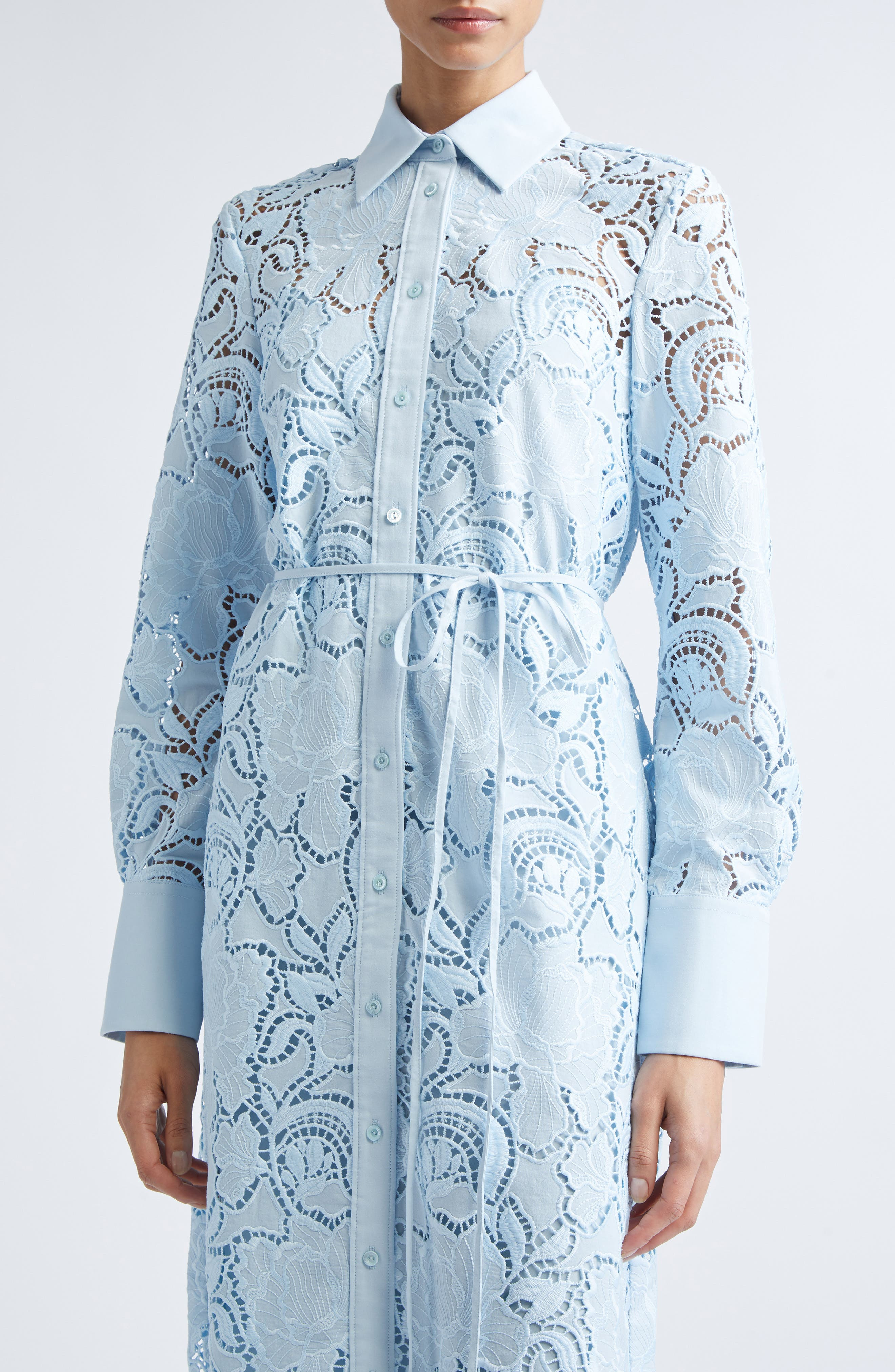 Erdem Long Sleeve Floral Cutwork Lace Shirtdress in Dream Blue at Nordstrom - 4