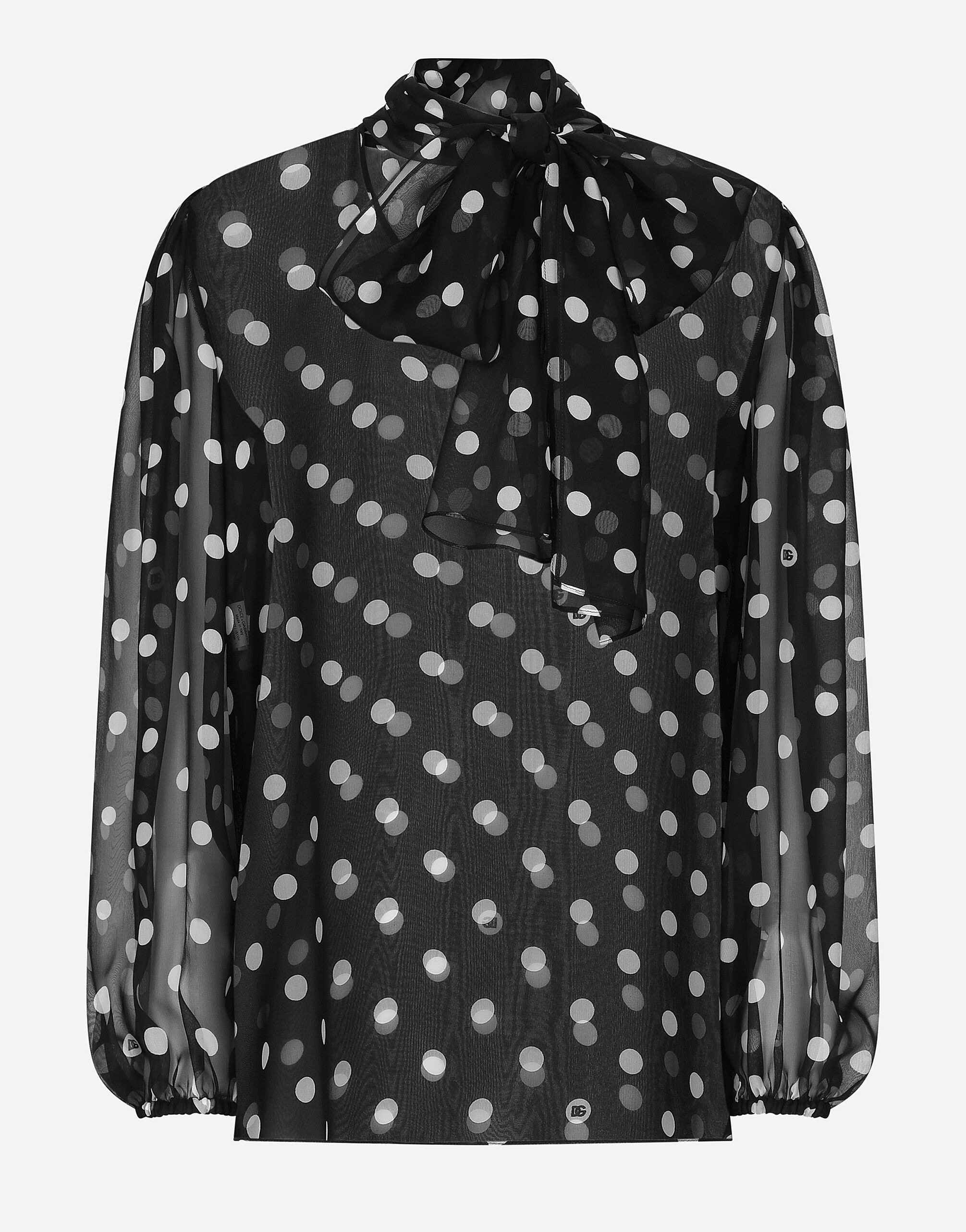 Chiffon pussy-bow blouse with polka-dot print - 1