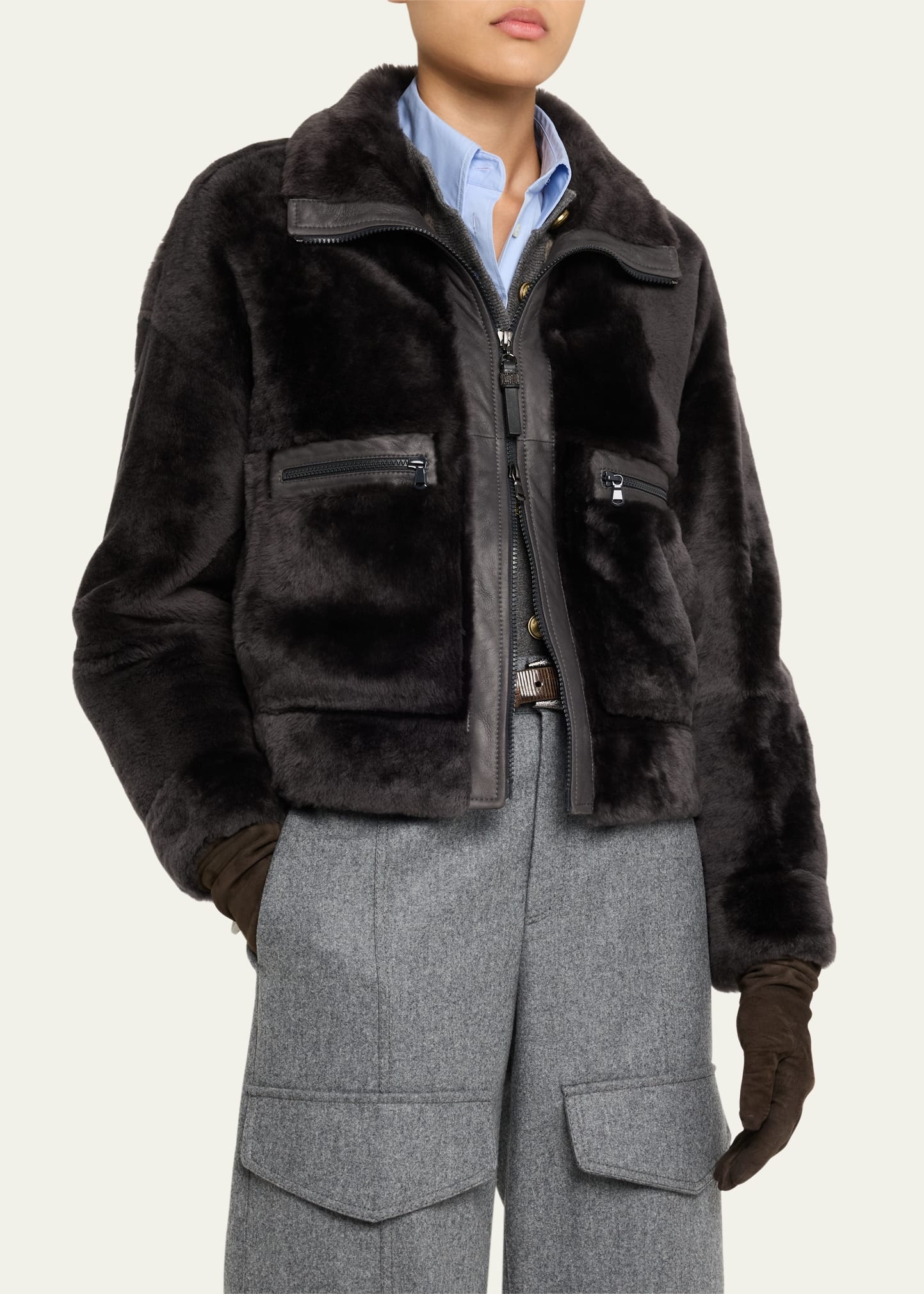 Shearling Velour Leather Zip Pocket Jacket - 4