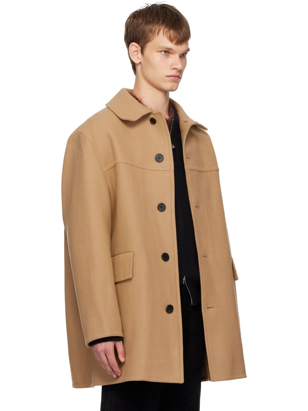 Beige Spread Collar Coat - 2