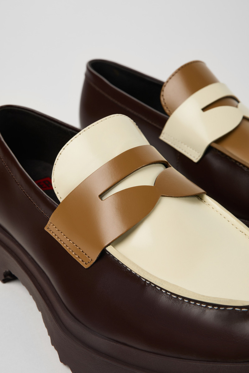 Brown and white leather loafers for men 2