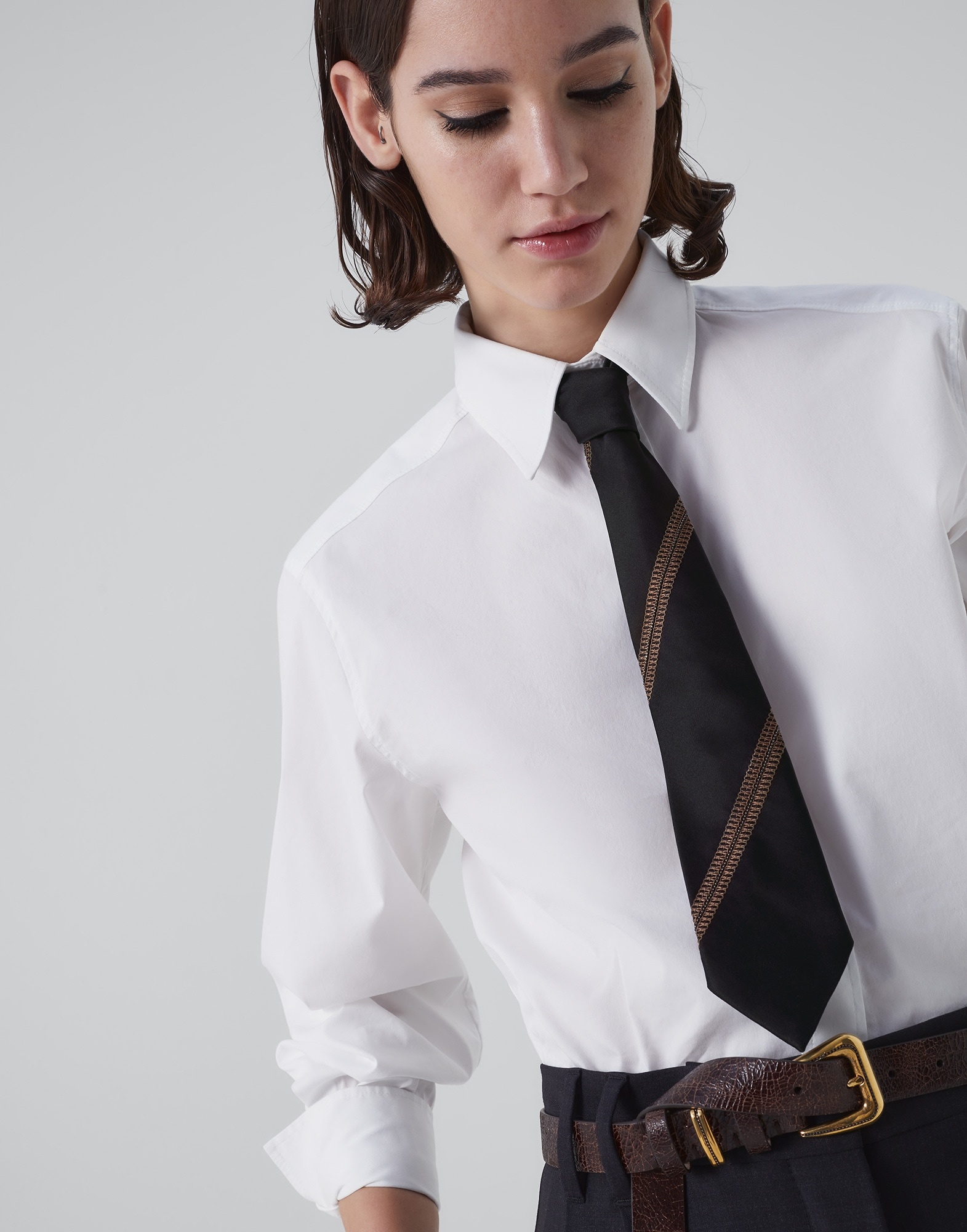 Stretch silk satin tie with shiny embroidered stripes - 3