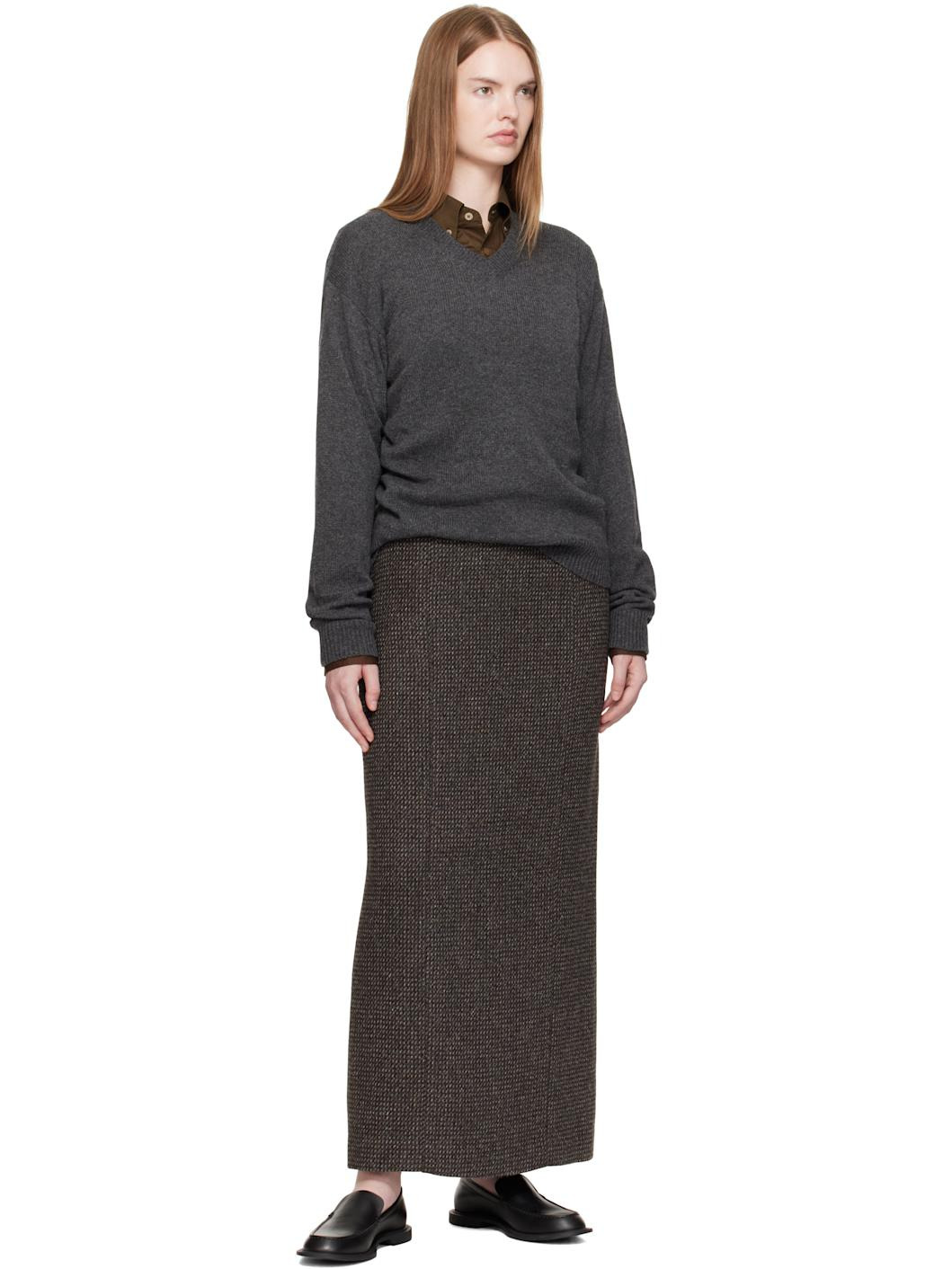 Brown & Gray Alpaca Wool Silk Tweed Pencil Maxi Skirt - 4