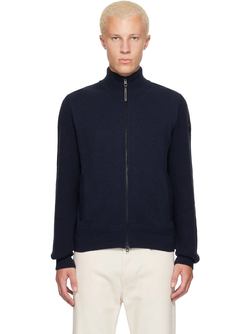 Navy Wool & Cashmere Zip-Up Sweater - 1
