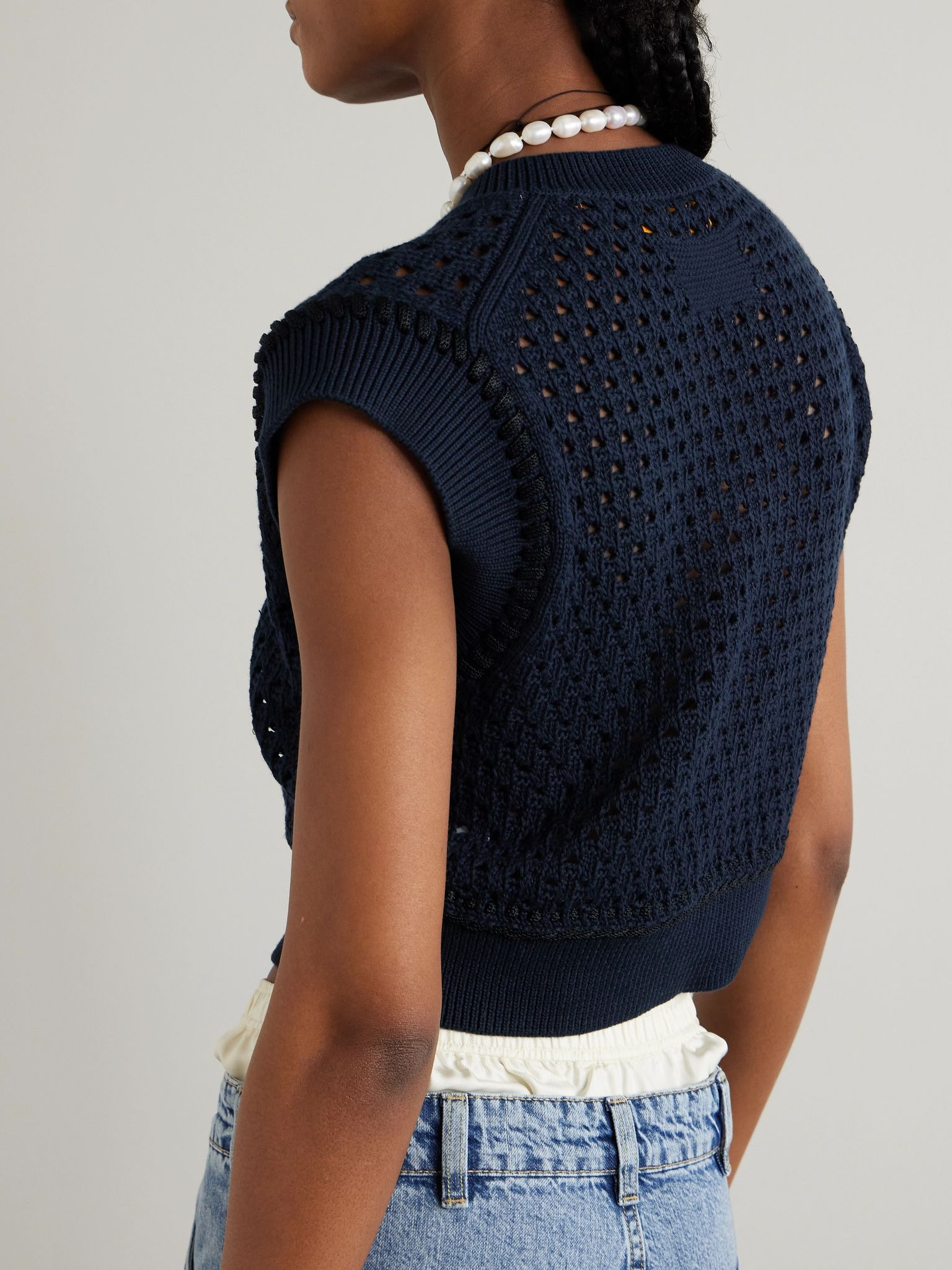 Cropped open-knit cotton vest Navy - 4