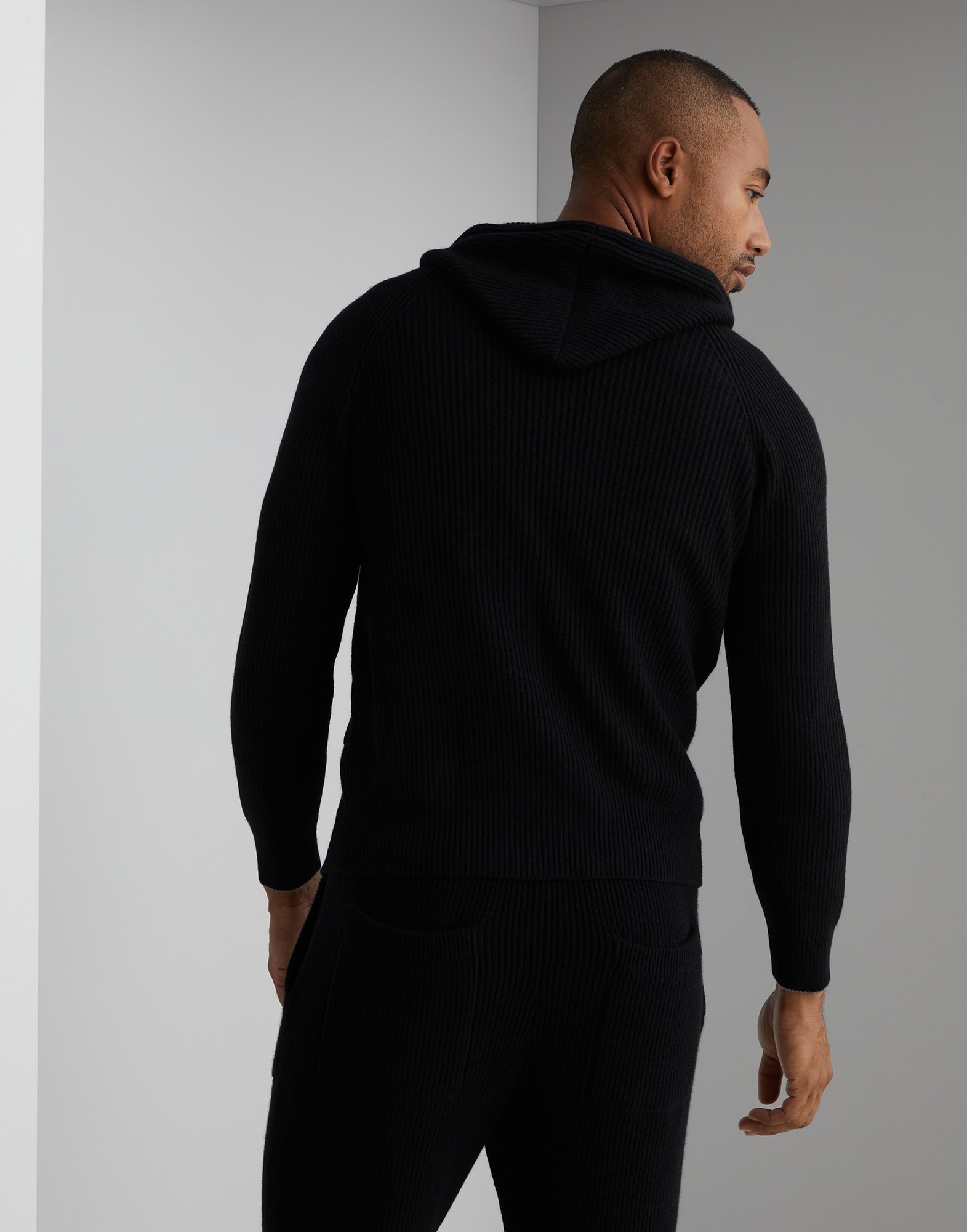 Cashmere English rib knit sweatshirt with hood - 2