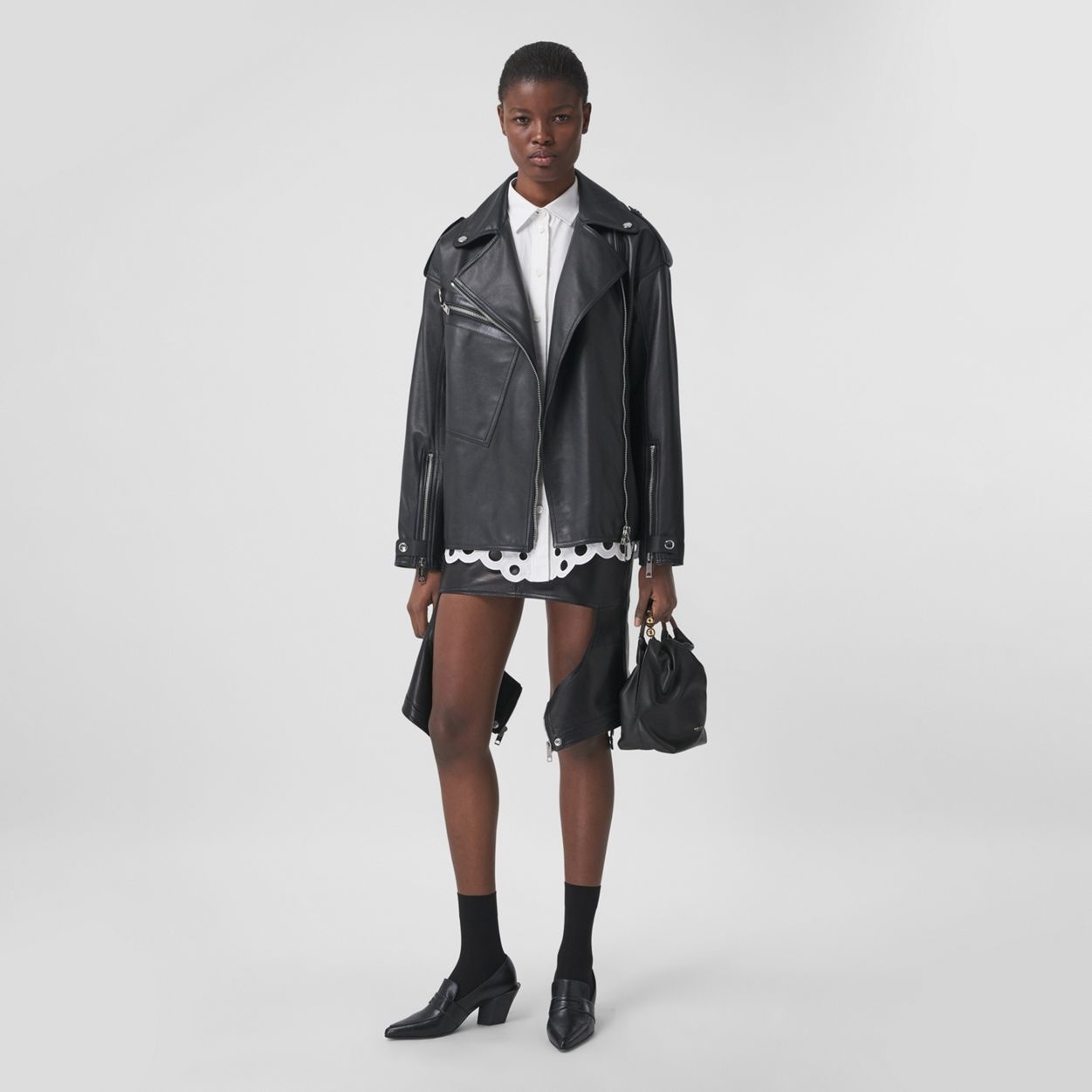 Cut-out Detail Stretch Lambskin Skirt - 6