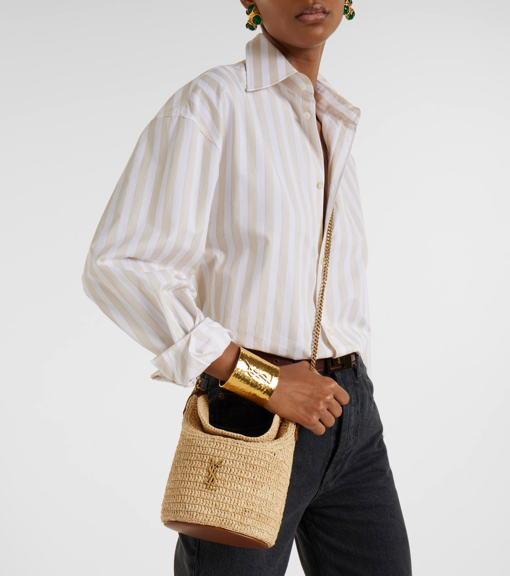 Gaby leather-trimmed raffia bucket bag - 7