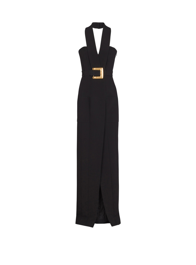 Long crepe dress with belt 1