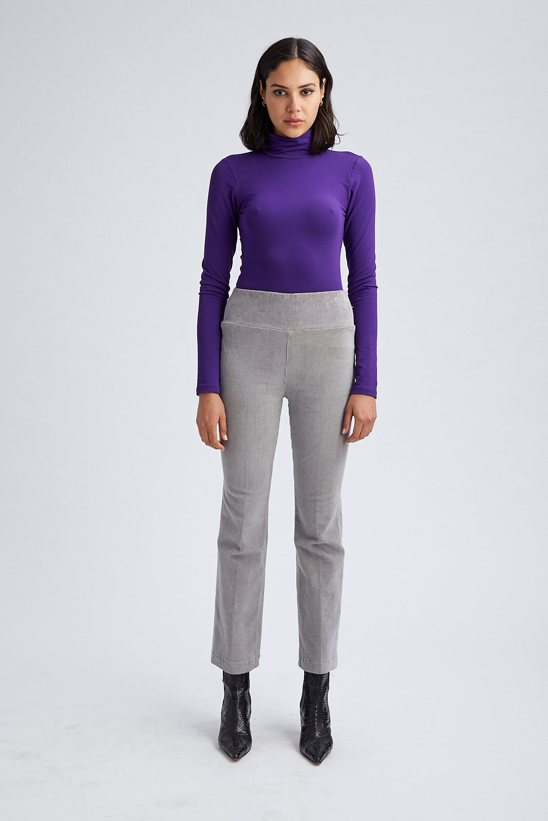 GREY CORDUROY ANKLE FLARE PANTS - 3