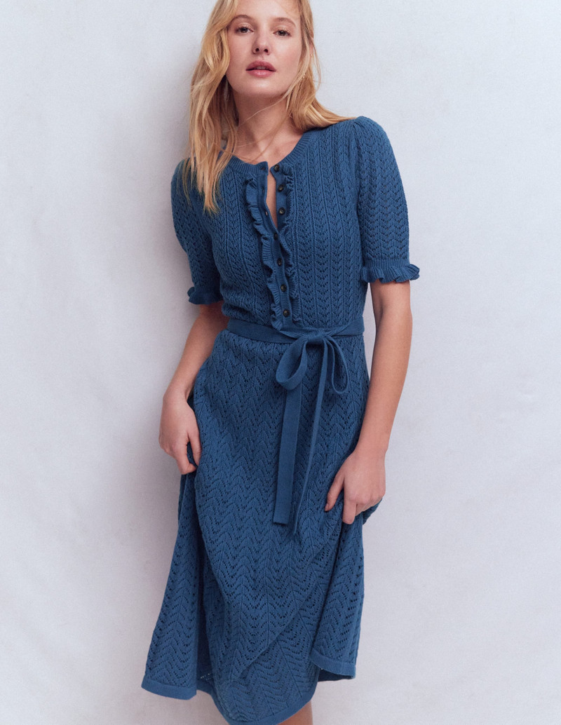 Henley Frill Knitted Dress-Denim Blue 3