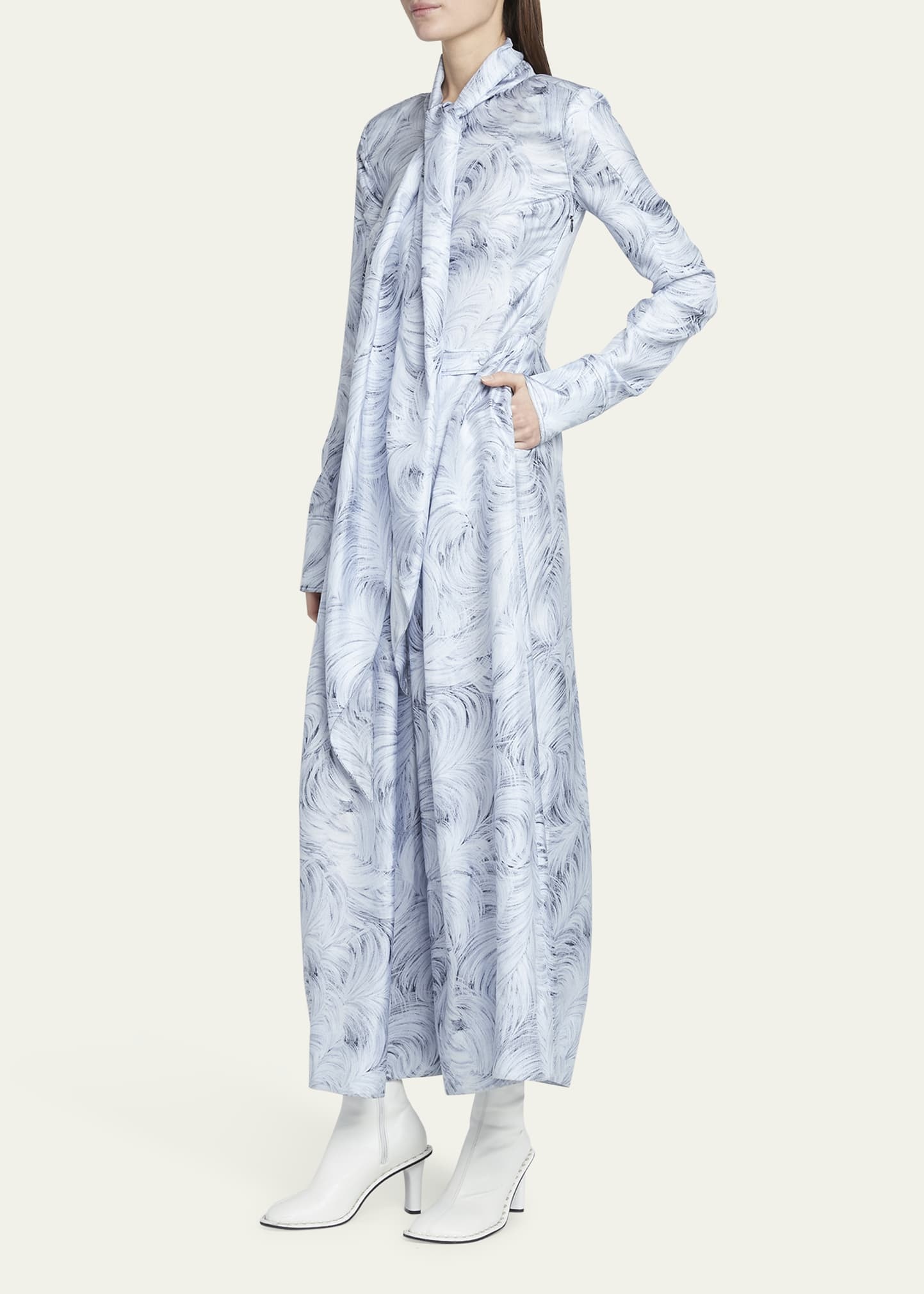 Feather-Print Scarf-Neck Long-Sleeve Silk Maxi Dress - 4