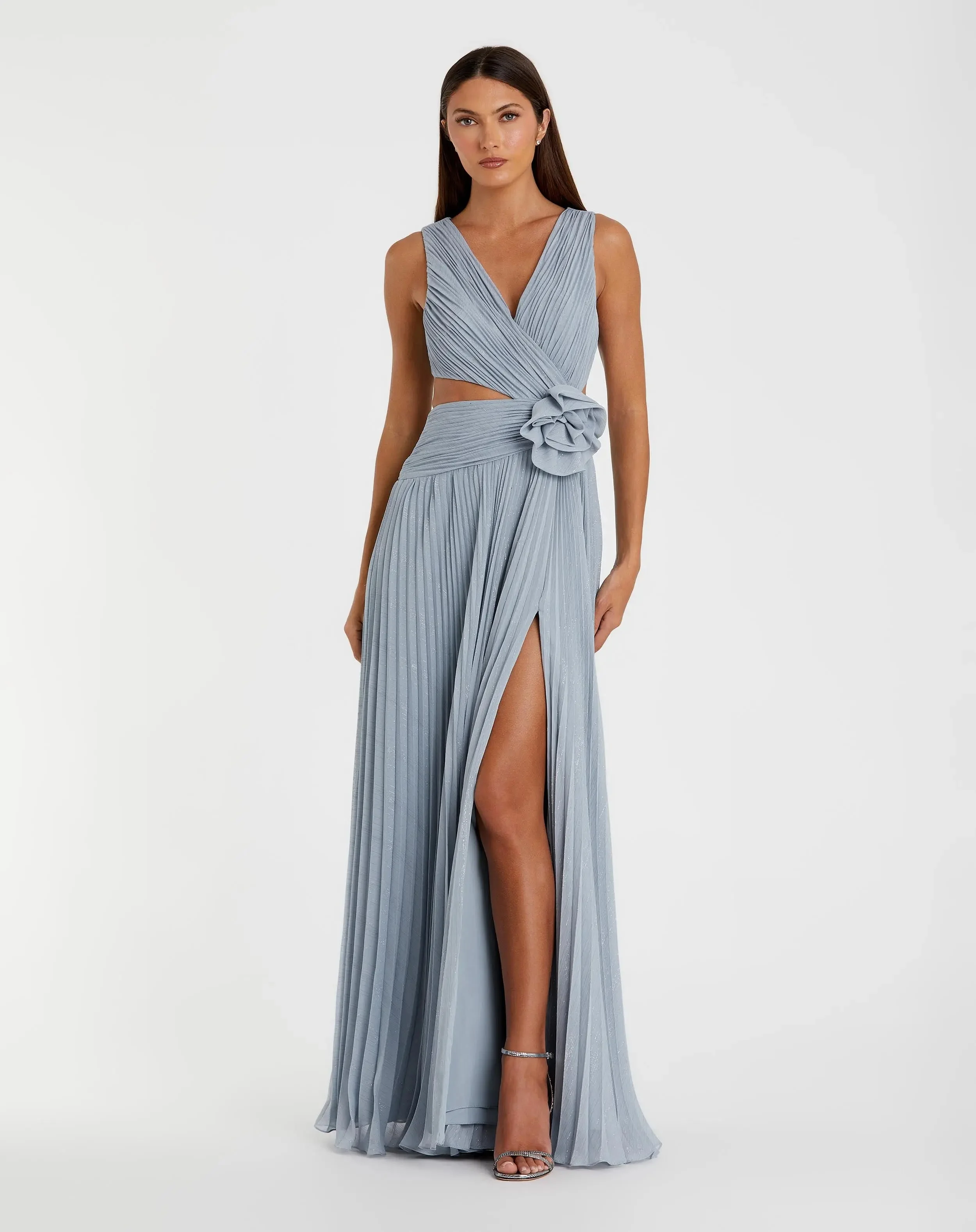 Blue Ruched Chiffon Sleeveless Gown With 3D Flower - 1