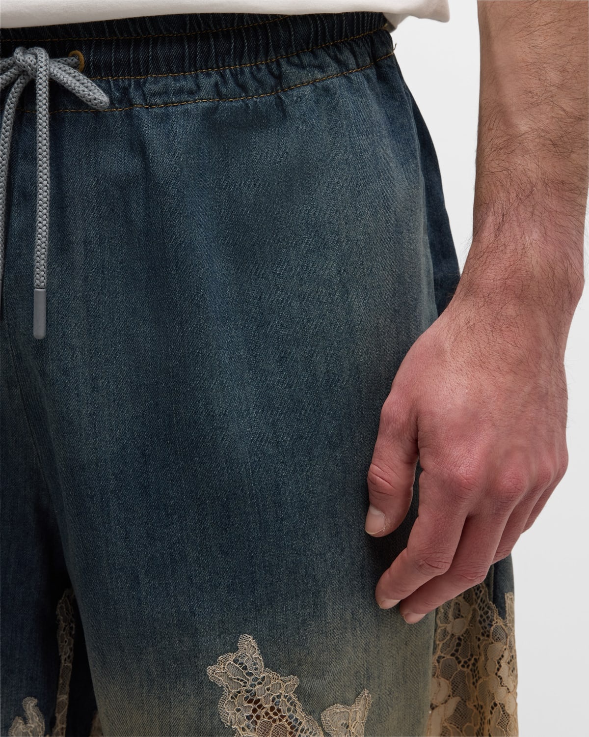 Men's Denim and Lace Drawstring Shorts - 5