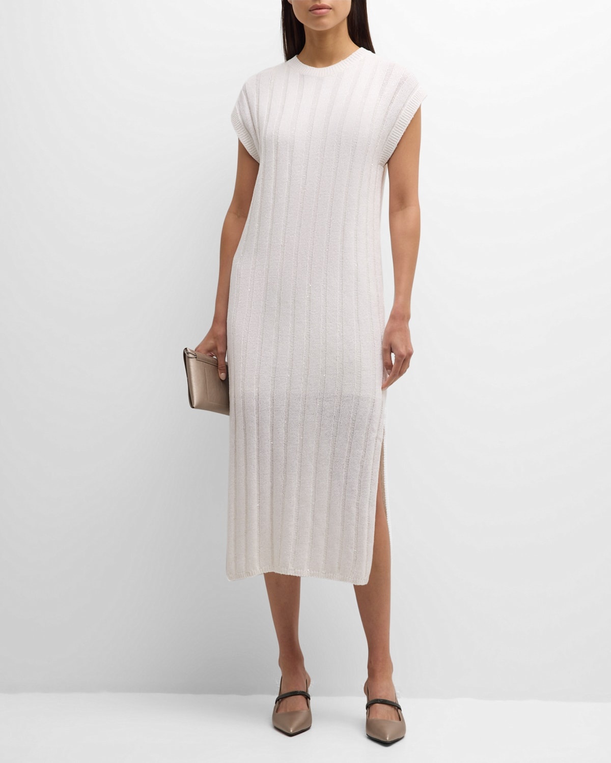 Paillette Rib Knit Cap-Sleeve Midi Dress - 4