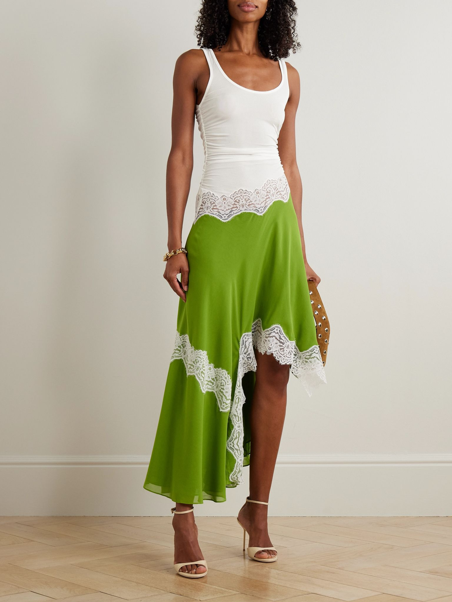 Asymmetric lace-trimmed ruched stretch-jersey and crepe dress Green - 2
