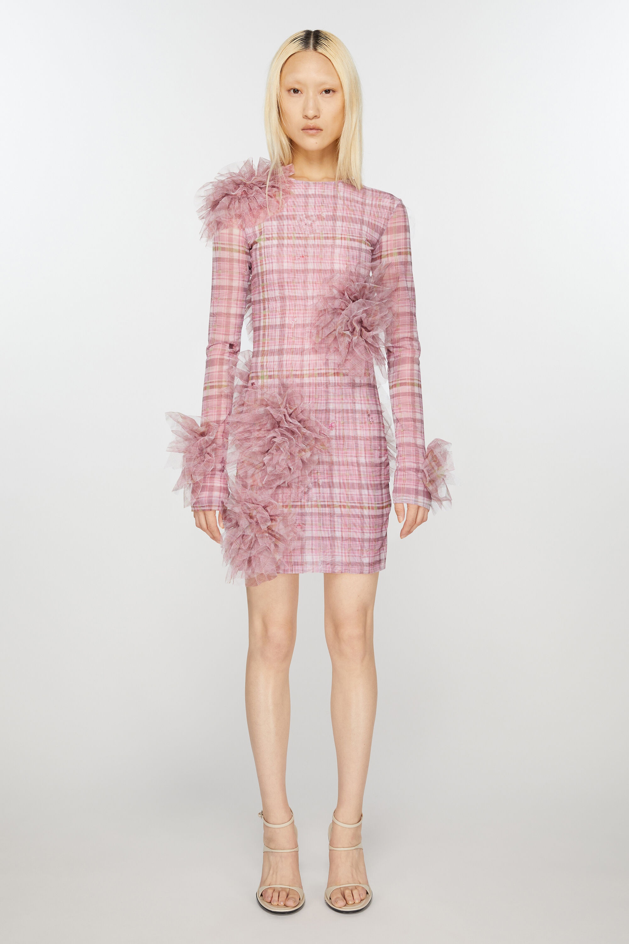 Mesh check dress - Pink - 2
