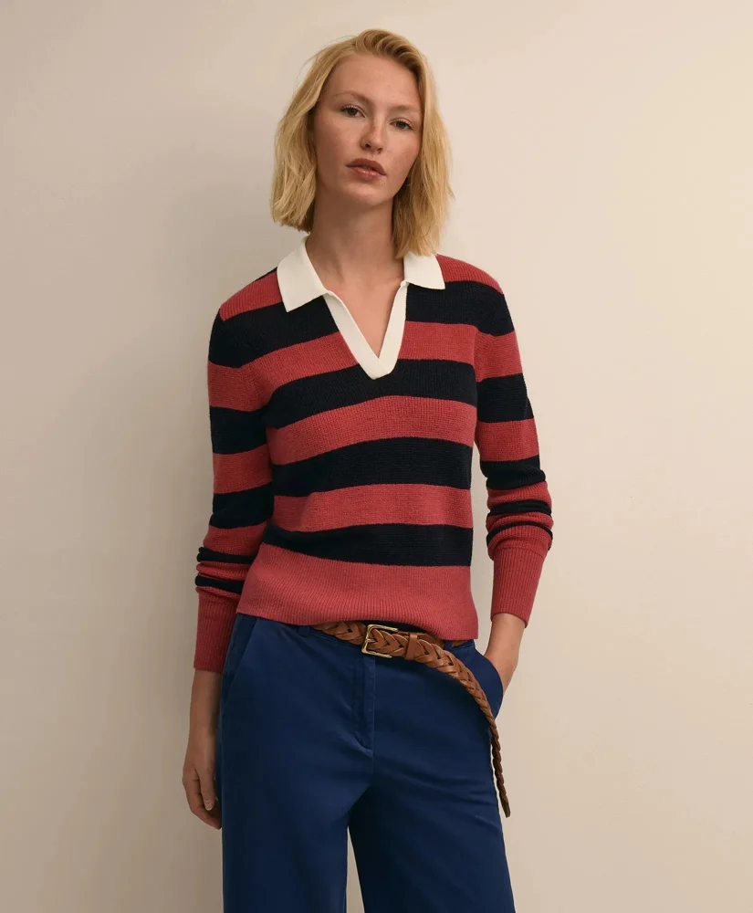 Merino Wool Striped Johnny Collar Sweater - 1