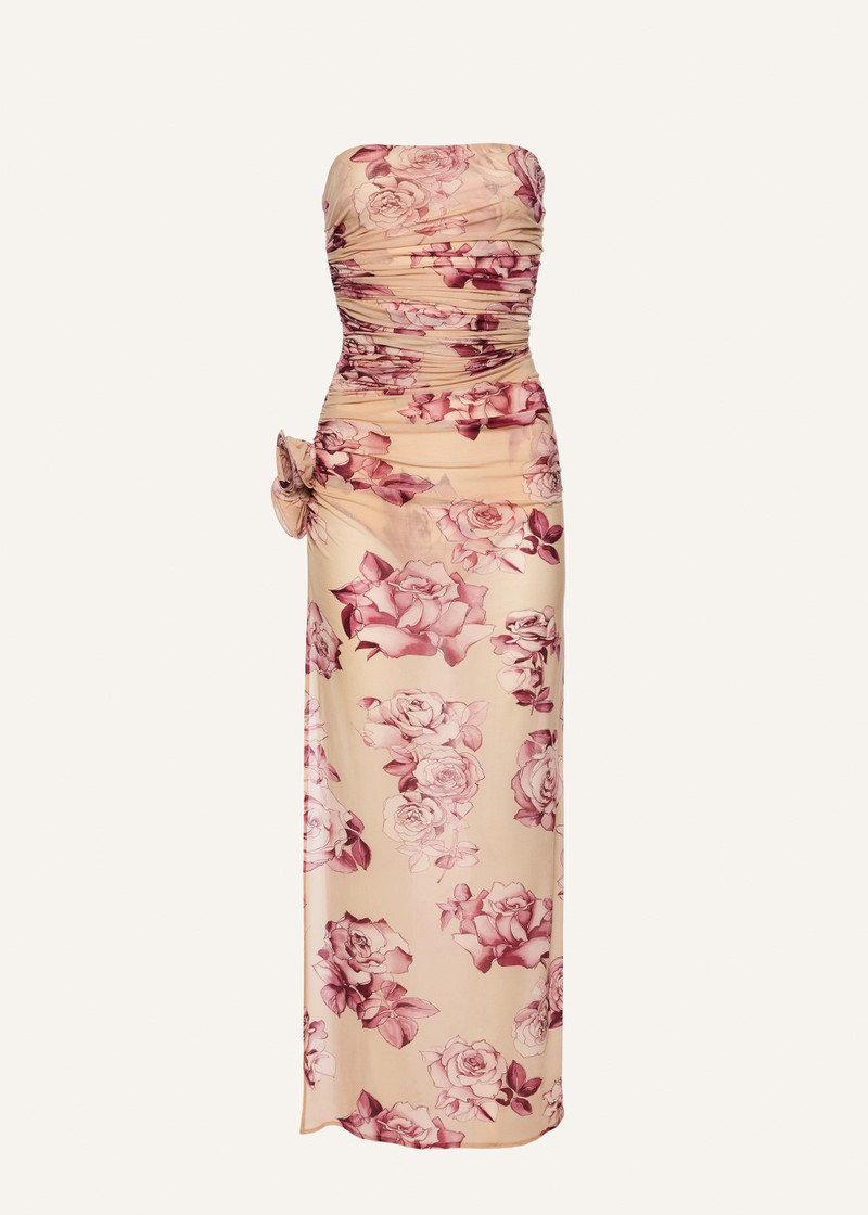 Strapless flower applique midi dress in beige print - 1