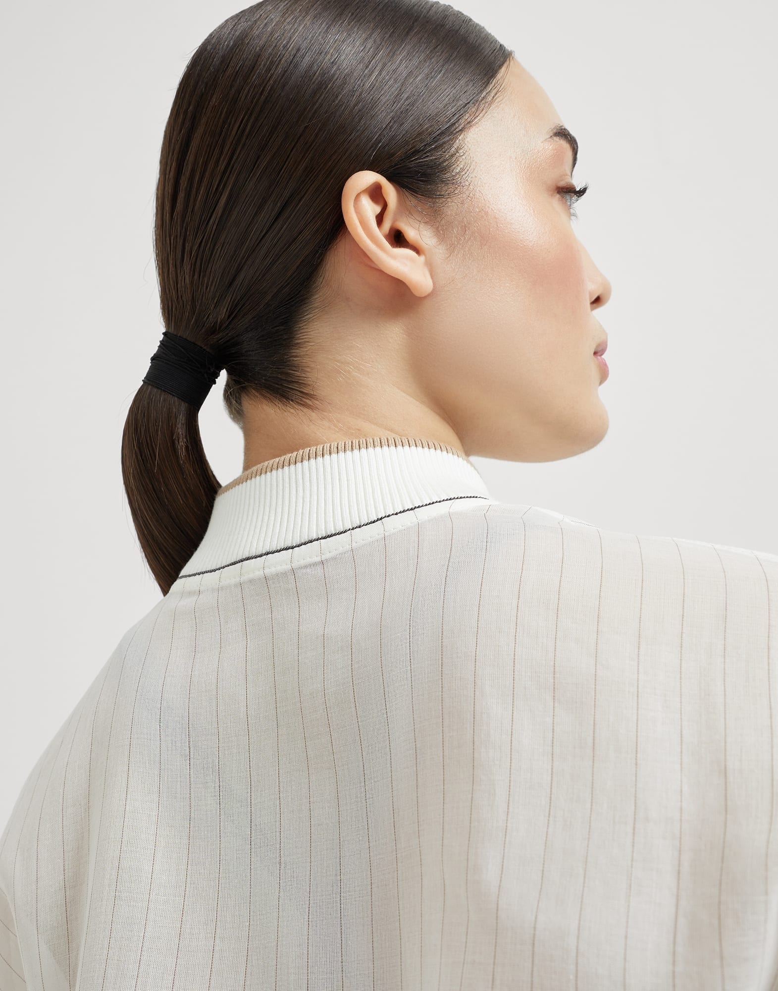 Cotton pinstripe organza bomber jacket with monili - 3