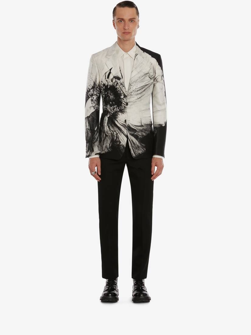 Flower Print Wool Silk Jacket in Black/white - 2