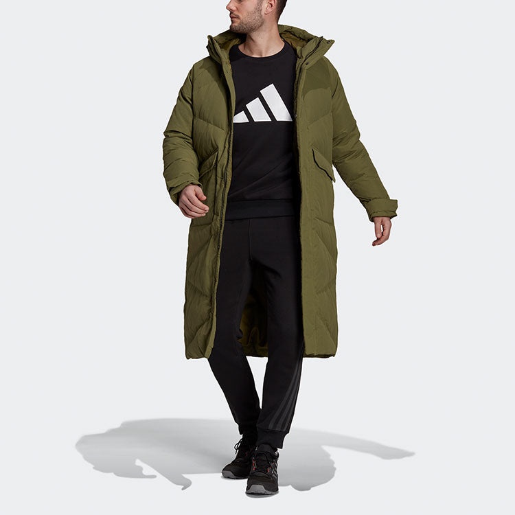 Men's adidas Shoulder Logo Outdoor Mid-Length Hooded With Down Feather Green Jacket GQ2507 - 2