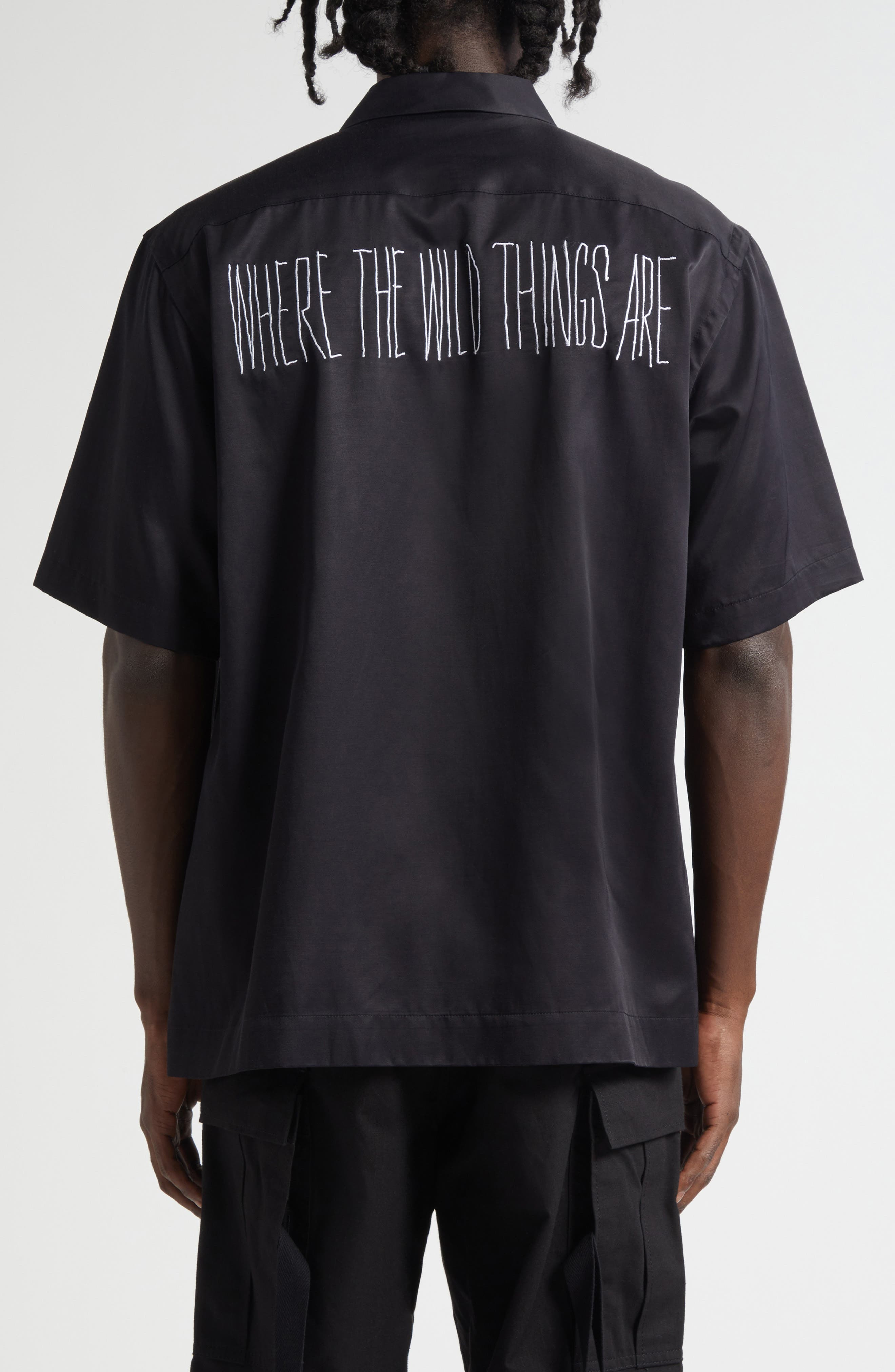 Sacai Where the Wild Things Are Embroidered Satin Camp Shirt in Black at Nordstrom - 3