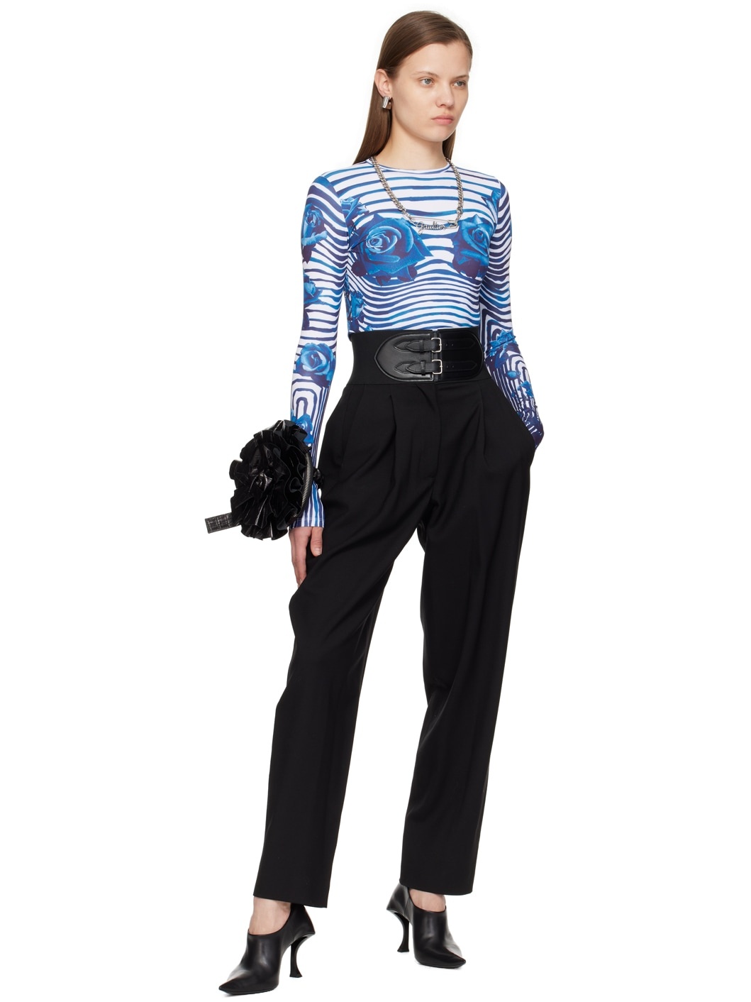 White & Blue Flower Body Morphing Long Sleeve T-Shirt - 5
