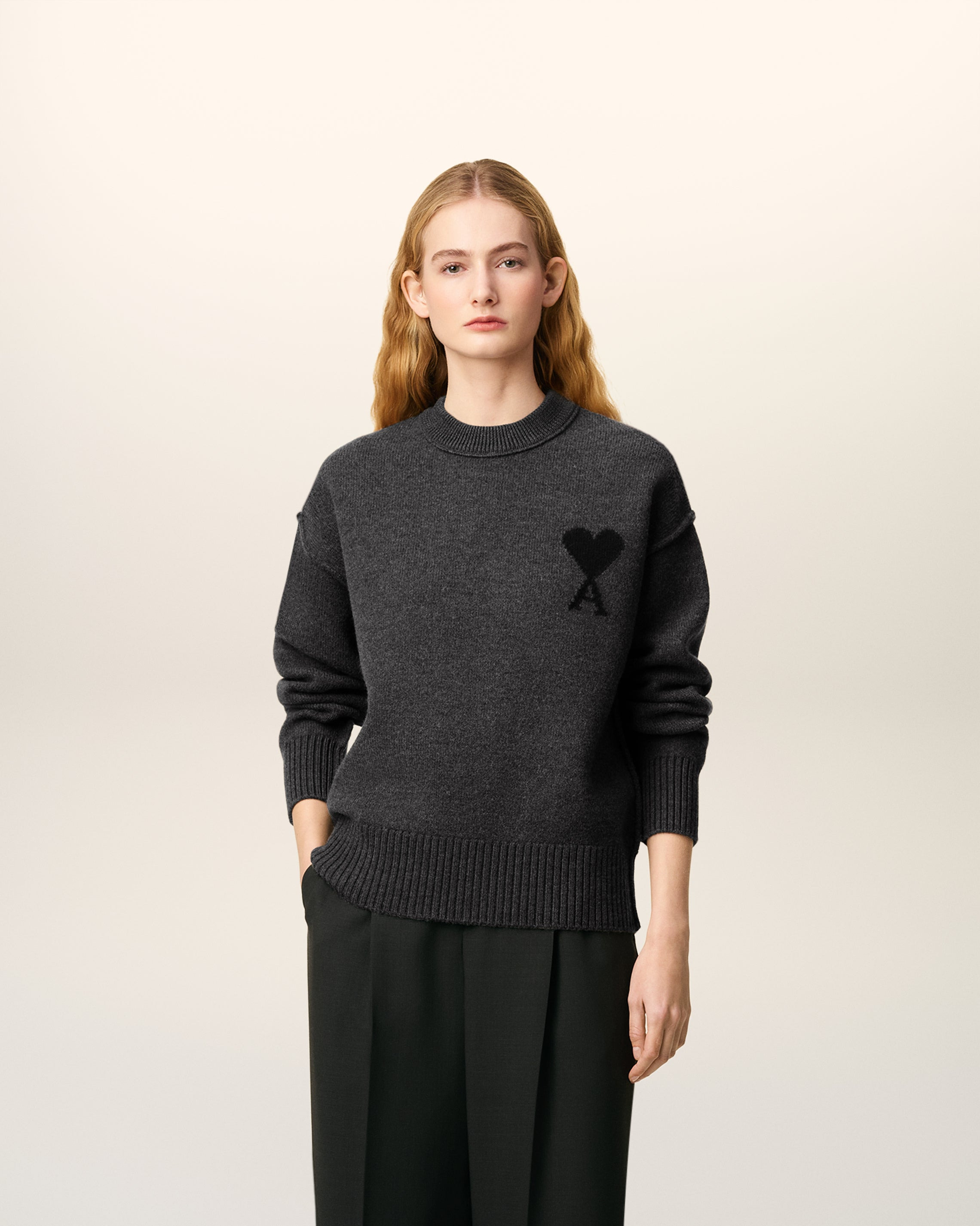 GREY WOOL AMI DE COEUR CREWNECK SWEATER - 2
