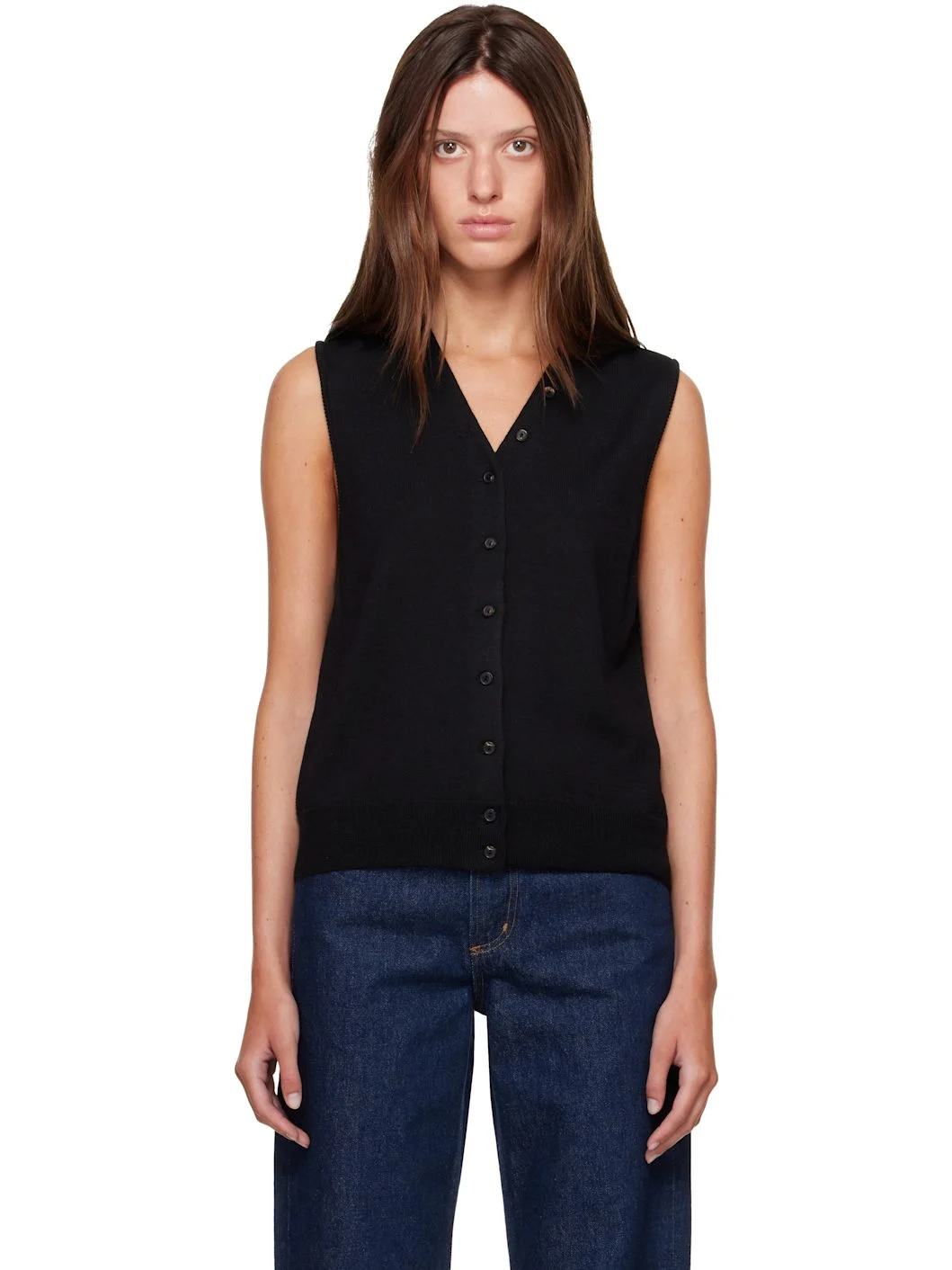 Black Merino Wool Button Waistcoat Cardigan - 1
