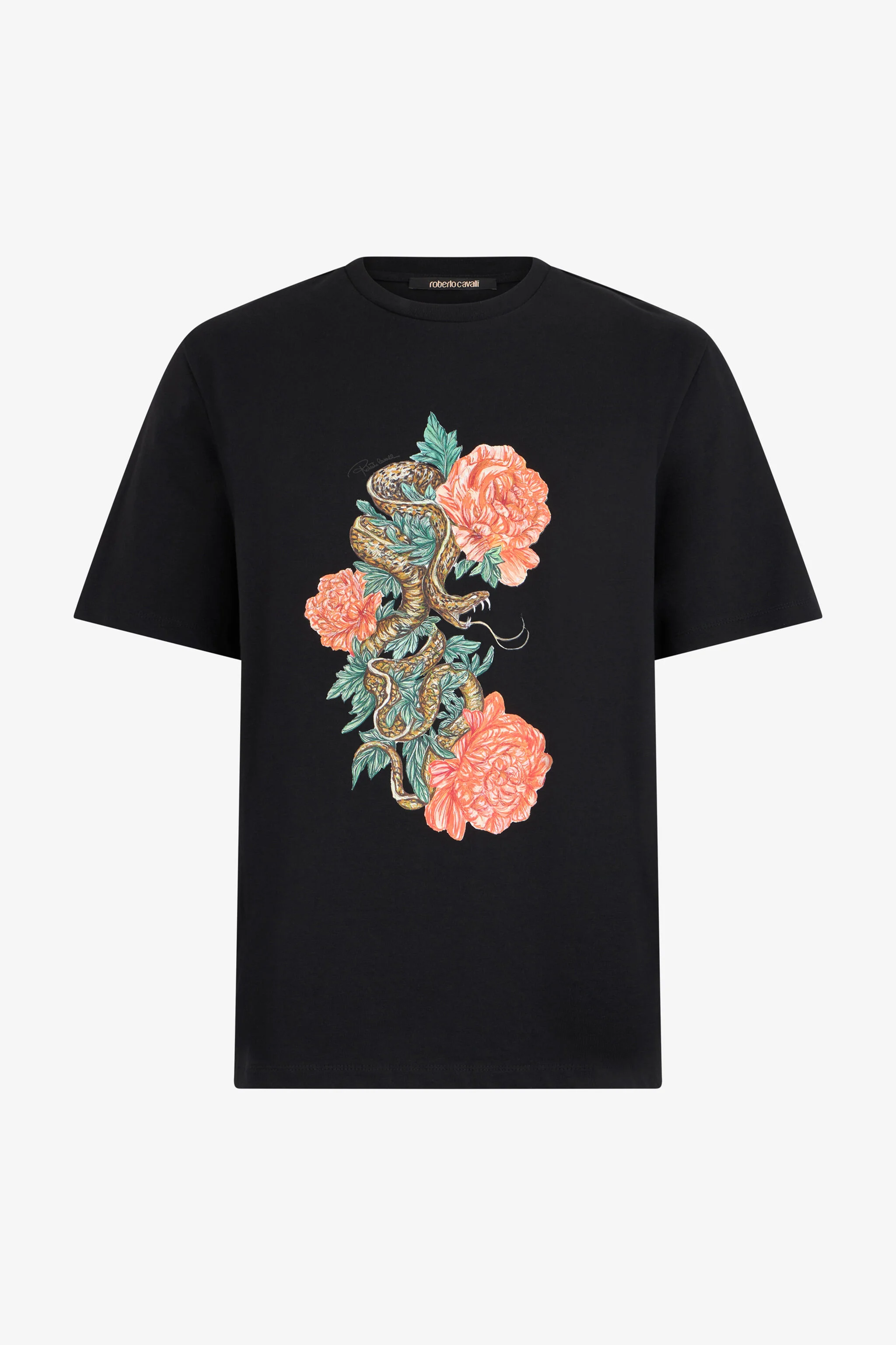 Black T-Shirt With Snake Floral Print - 1