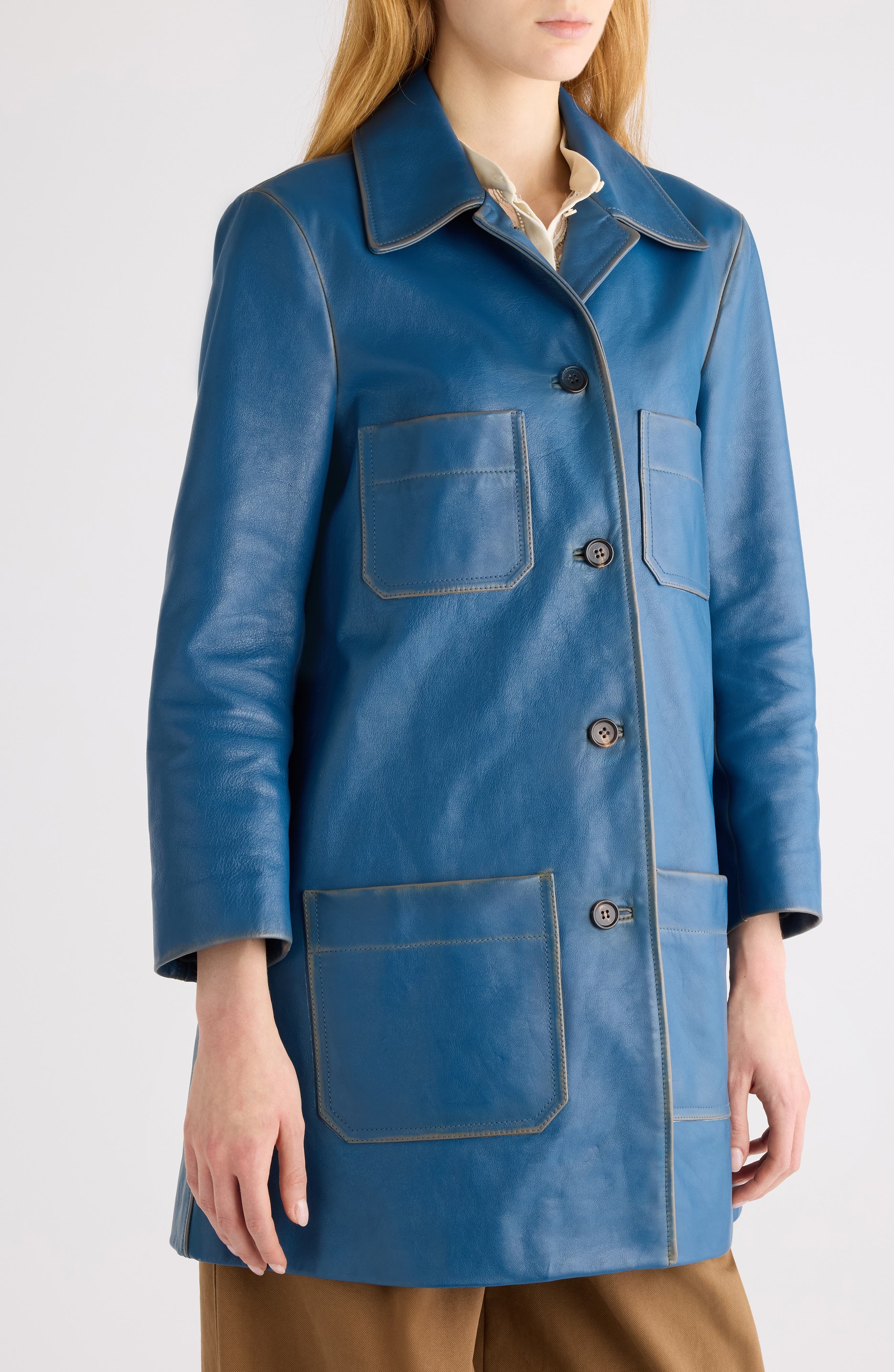 Chloé Patine Leather Car Coat in Stellar Blue at Nordstrom - 4