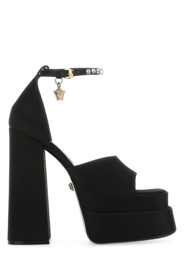 サンダル・ミュール VERSACE Black satin Medusa Aevitas sandals VERSACE VERSACE Black Satin Medusa Aevitas Sandals