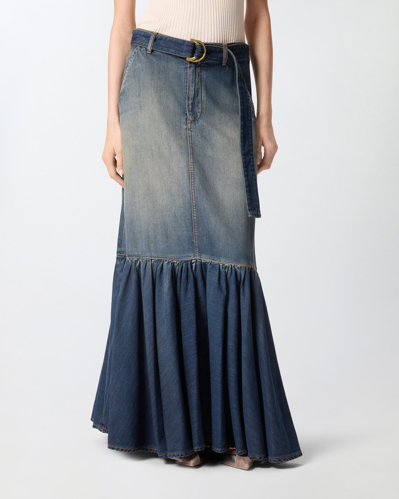 LONG DENIM SKIRT WITH FLOUNCE AND BELT 4