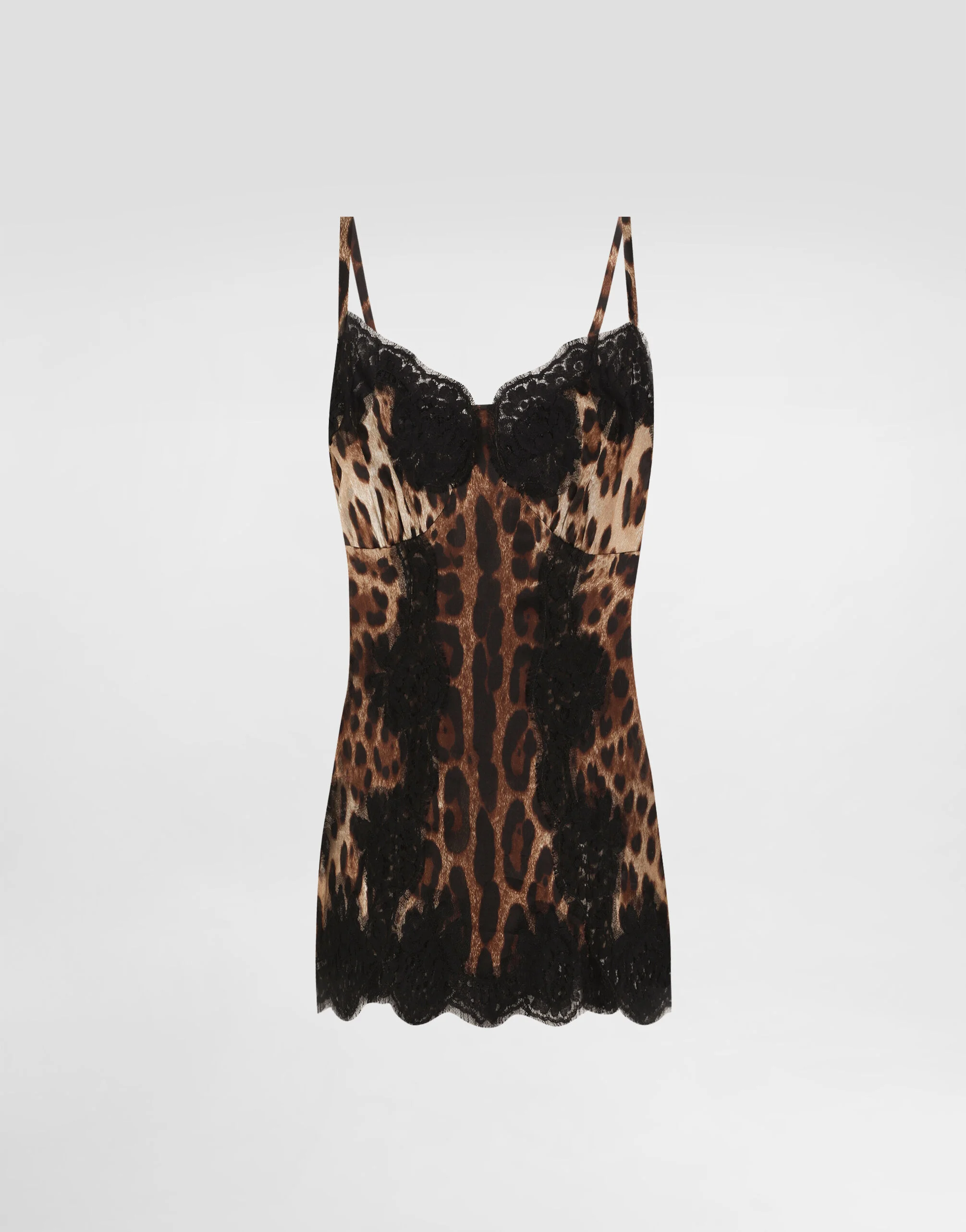 Satin top in leopard print with shoulder straps and lace detail - 1